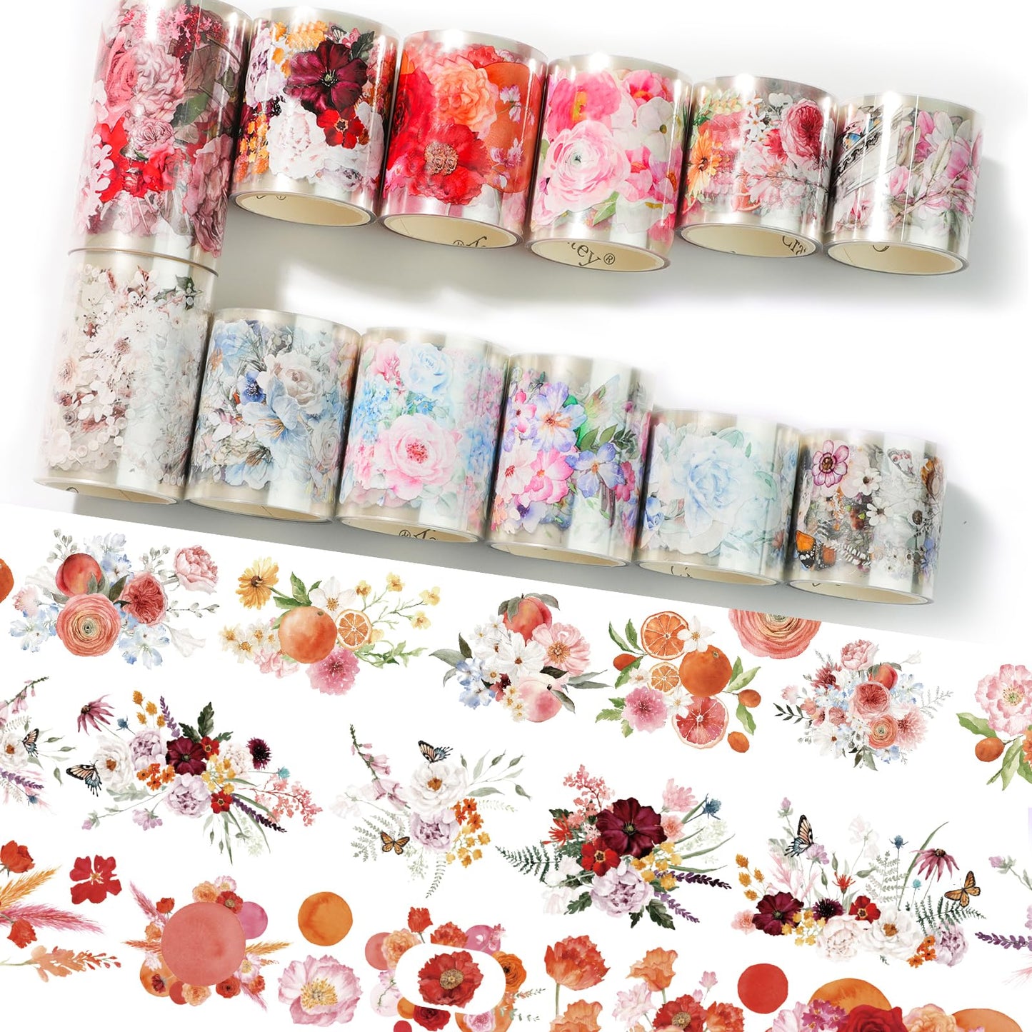 Cratey 12-Roll Floral PET Washi Tape Set & PET Stickers – Easy to Use for Journaling & Card Making, Ideal for Scrapbooking & Junk Journaling