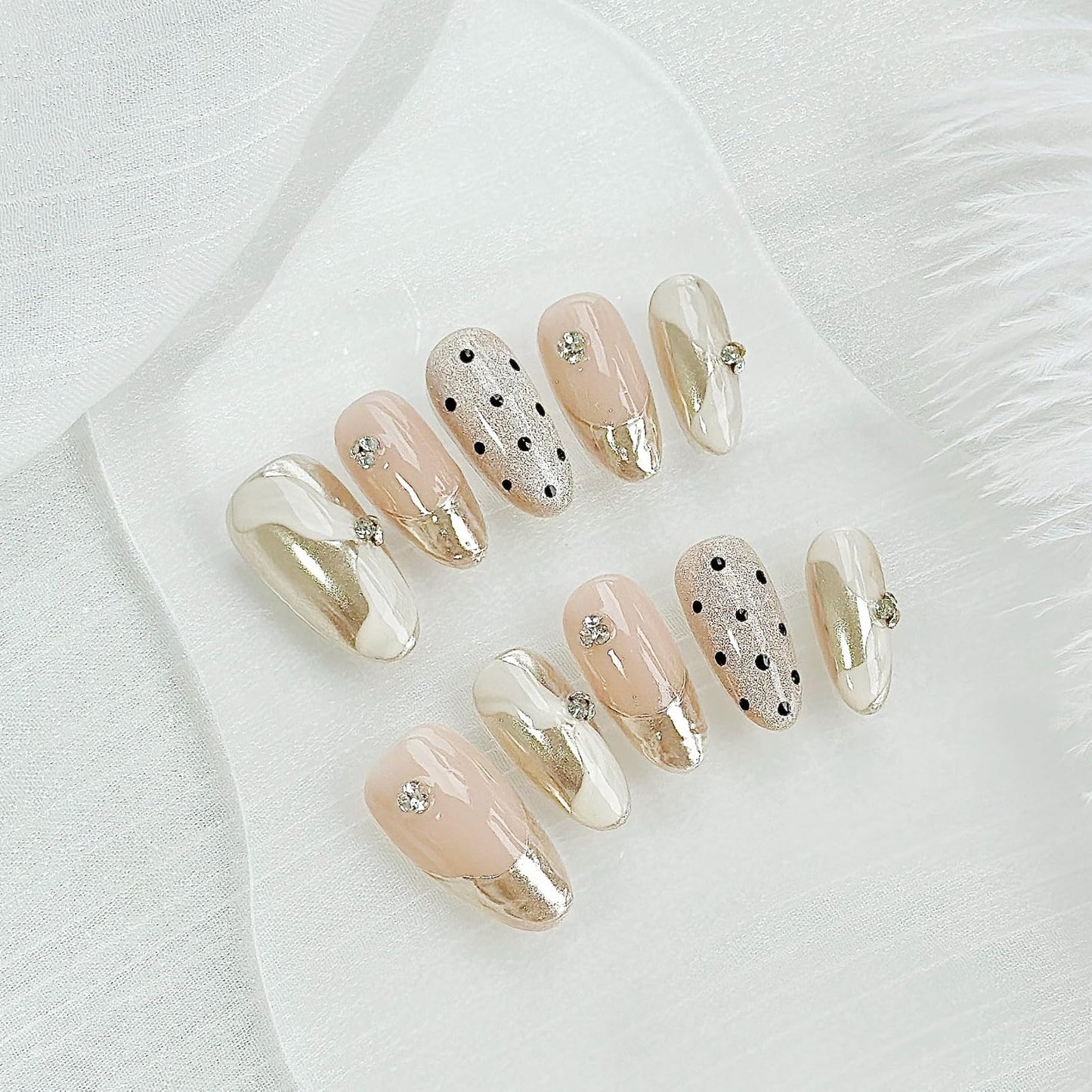 LARSOOY Nails Handmade Press on Nails Almond | Handmade Nails with Polka Dots Design | Reusable Fake Nails for Cool Girls | False Nails 10 Pcs(Golden Toe Shoe, S)