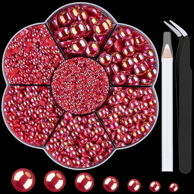 Nail Art Flat Back Half Round Pearl Kits 16, 1 Box of 6000 Pcs Flat-Back Red AB Pearl with Tweezer and Picker Pencil for Home DIY Nails Body Face Craft and Salon Use