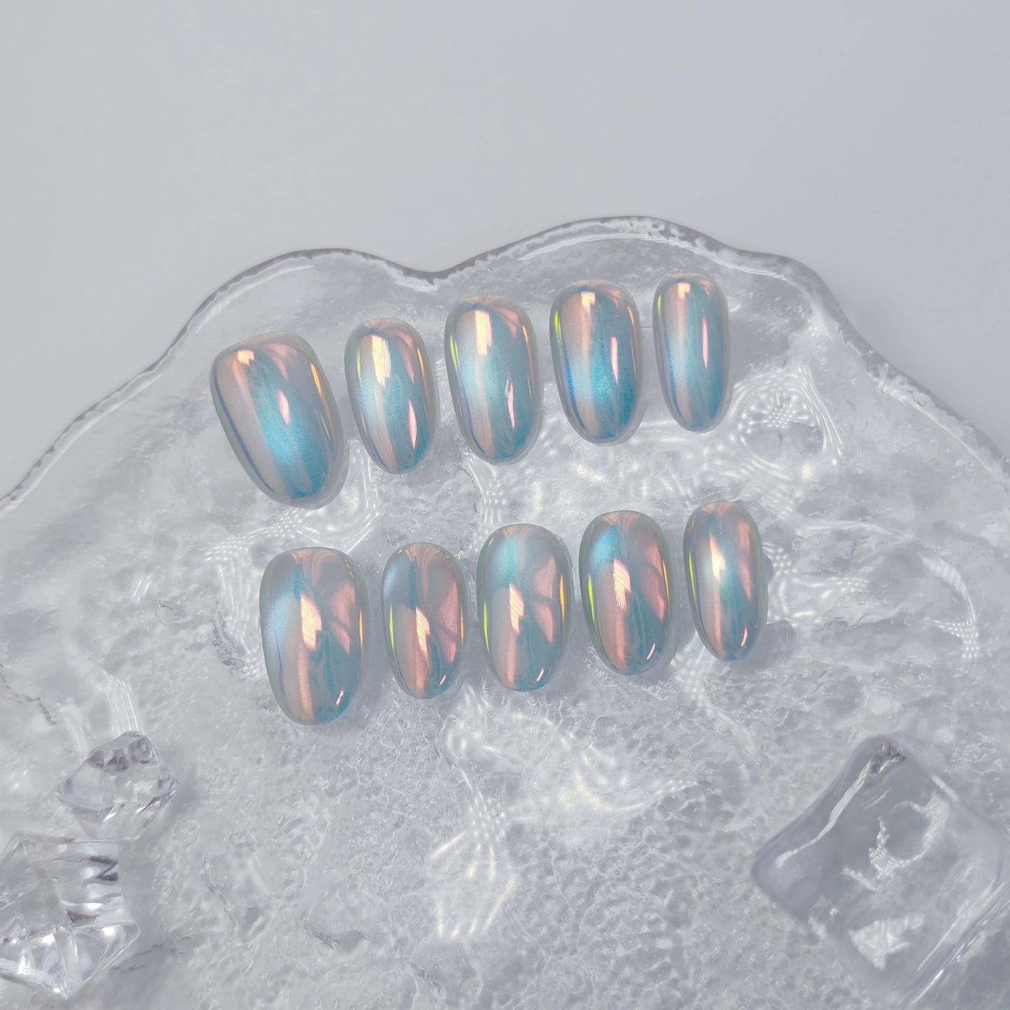 Cat Eye Press on Nails Handmade Short Oval/Square/Round False Nails with French Tip/Aurora/Magnetic Shimmer Designs (Aurora#Bubbles M)