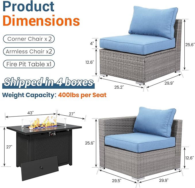 Wisteria Lane Patio Furniture Set for All Wheather, 5 Pieces Wicker Outdoor Furniture Set with Washable Cushions & Fire Pit Table, Oversized Outdoor Sectional for Garden, Poolside, Backyard, Blue