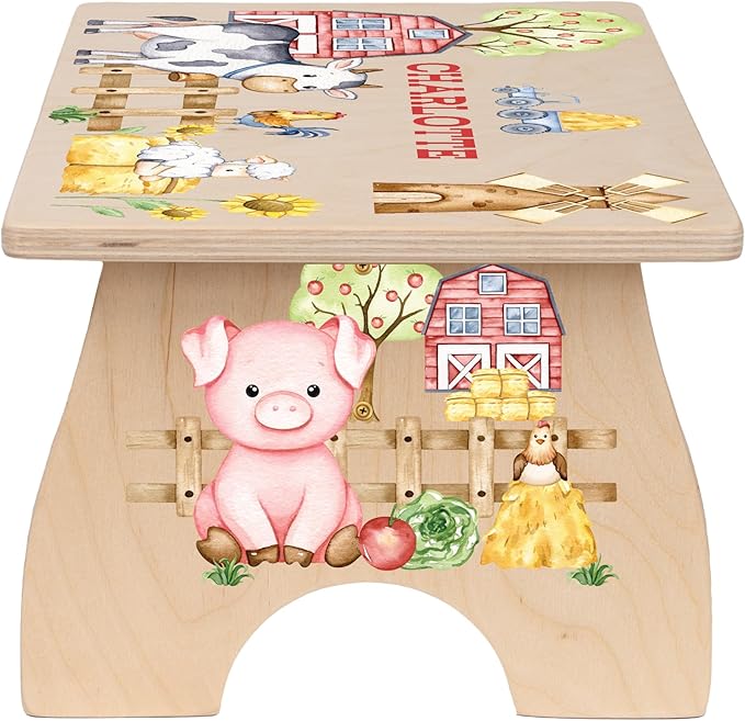 Farm Animal Step Stool for Toddlers- Personalized Wood Kids Step Stool with Name for Kitchen Sink, Bathroom, Potty Training, Kitchen Sink- Sturdy and Safe- Made in USA by BloomOwl (Farm- Watercolor)