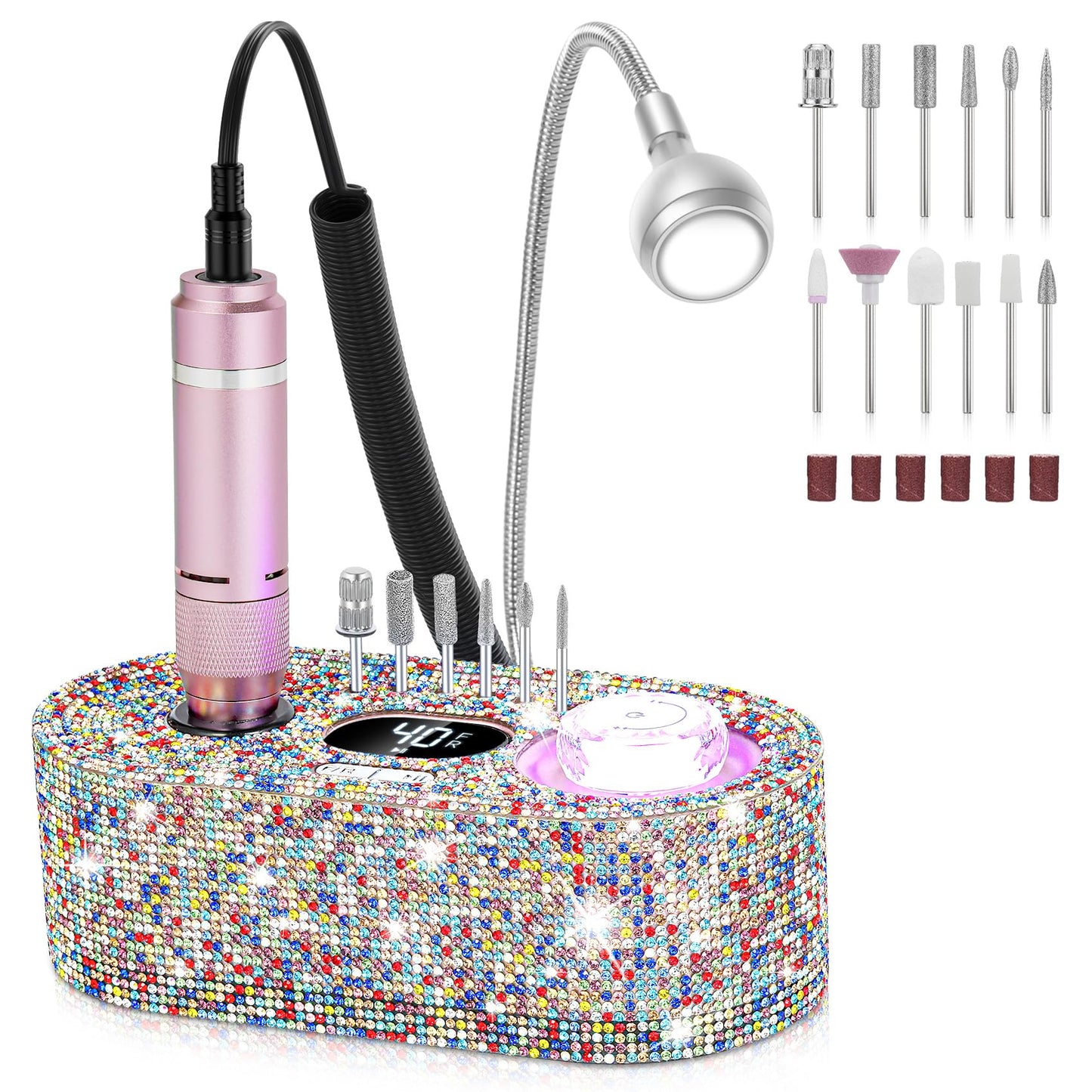 Nail Drill Electric File: DEDNMSCA Sparkly Professional Nail Drill Kit, 40000RPM E-File Machine with 12 Drill Bit for Acrylic Nail Remove Nail Gel Polish Manicure for Salon Home, Colorful Diamond Lamp