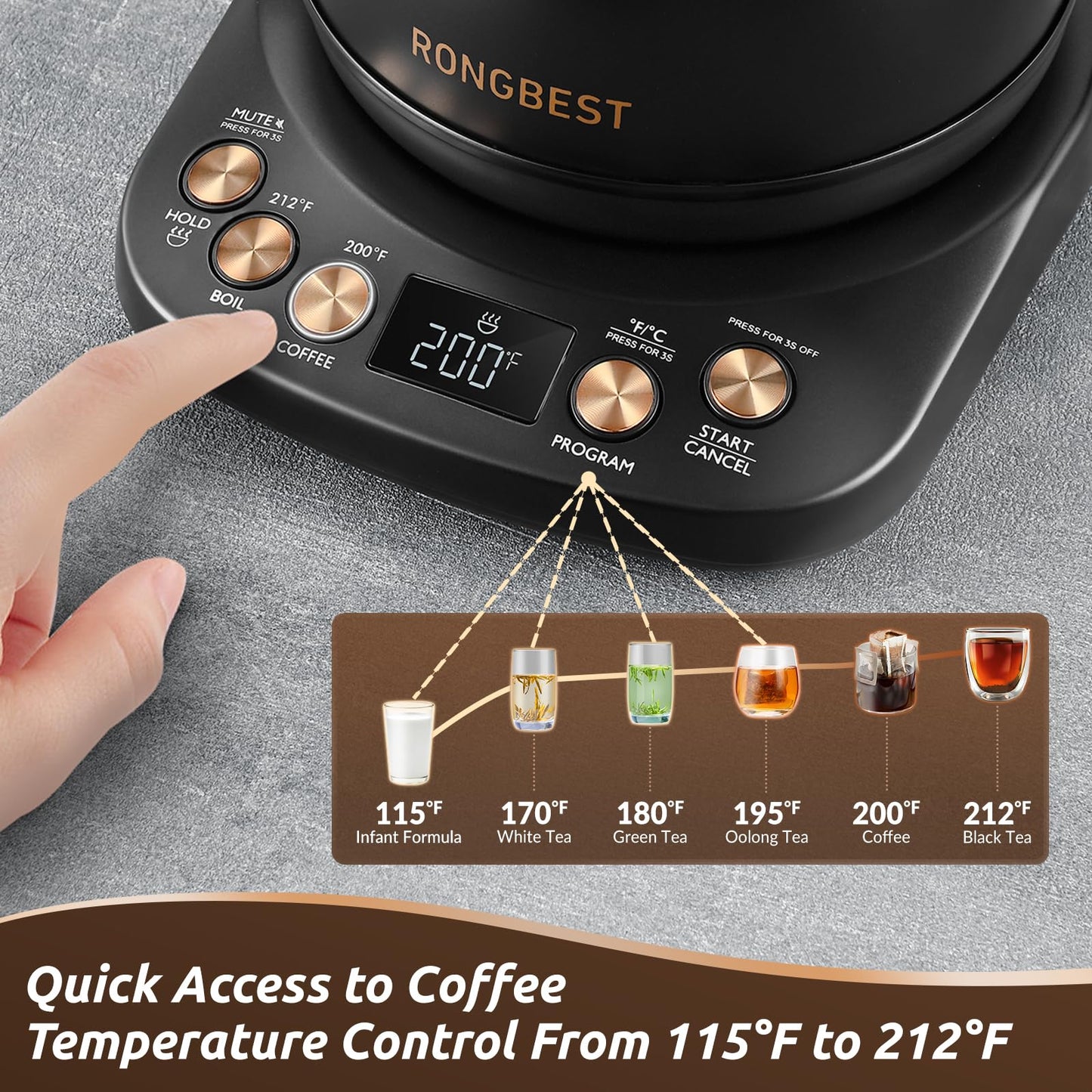 RONGBEST Electric Gooseneck Kettle 1L, 6 Temperature Control Presets, 1200W Quick Heating Water Pour Over Coffee & Tea Pot with Auto Shut-off & Keep-warm, Stainless Steel Inner & Lid, Matte Black
