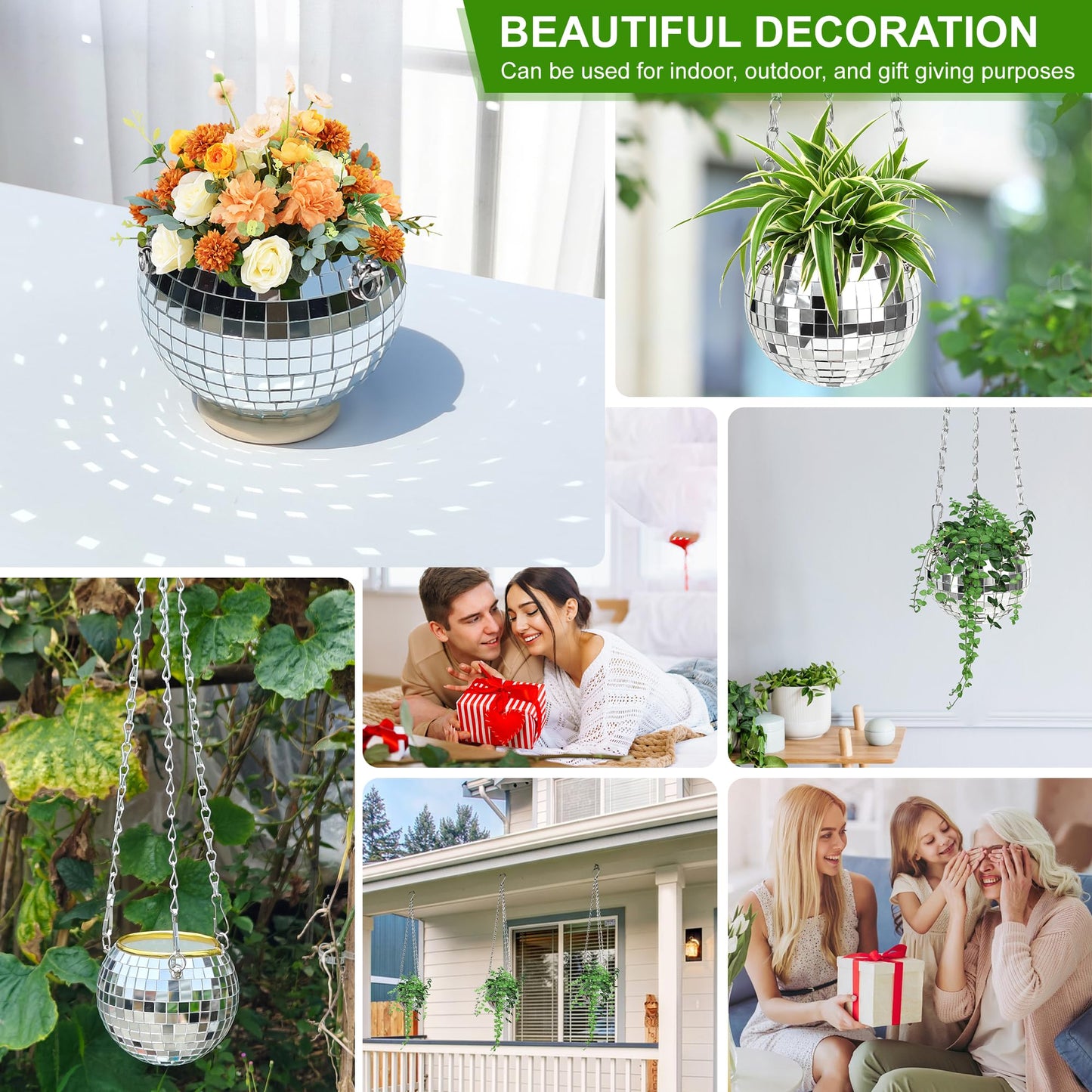 Axigundaone 2 Pcs Disco Ball Hanging Planter, 4 Inch Mirror Disco Ball Planters with Chain,Small Mirror Planter Hanging for Window, Desk