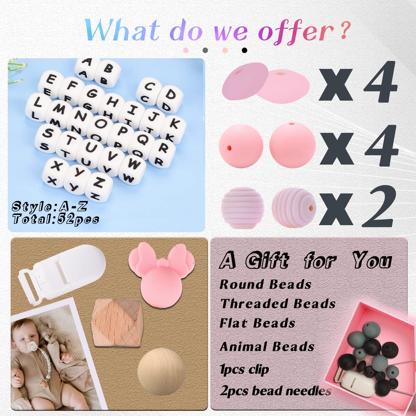 Anourney Personalized Pacifier Clip for Boys and Girls, 2 Sets of 26 Letters DIY Silicone Stroller Clip with Name,Cute and Durable Pacifier Holder Soother Chew Toy,Unique for Newborn Gift