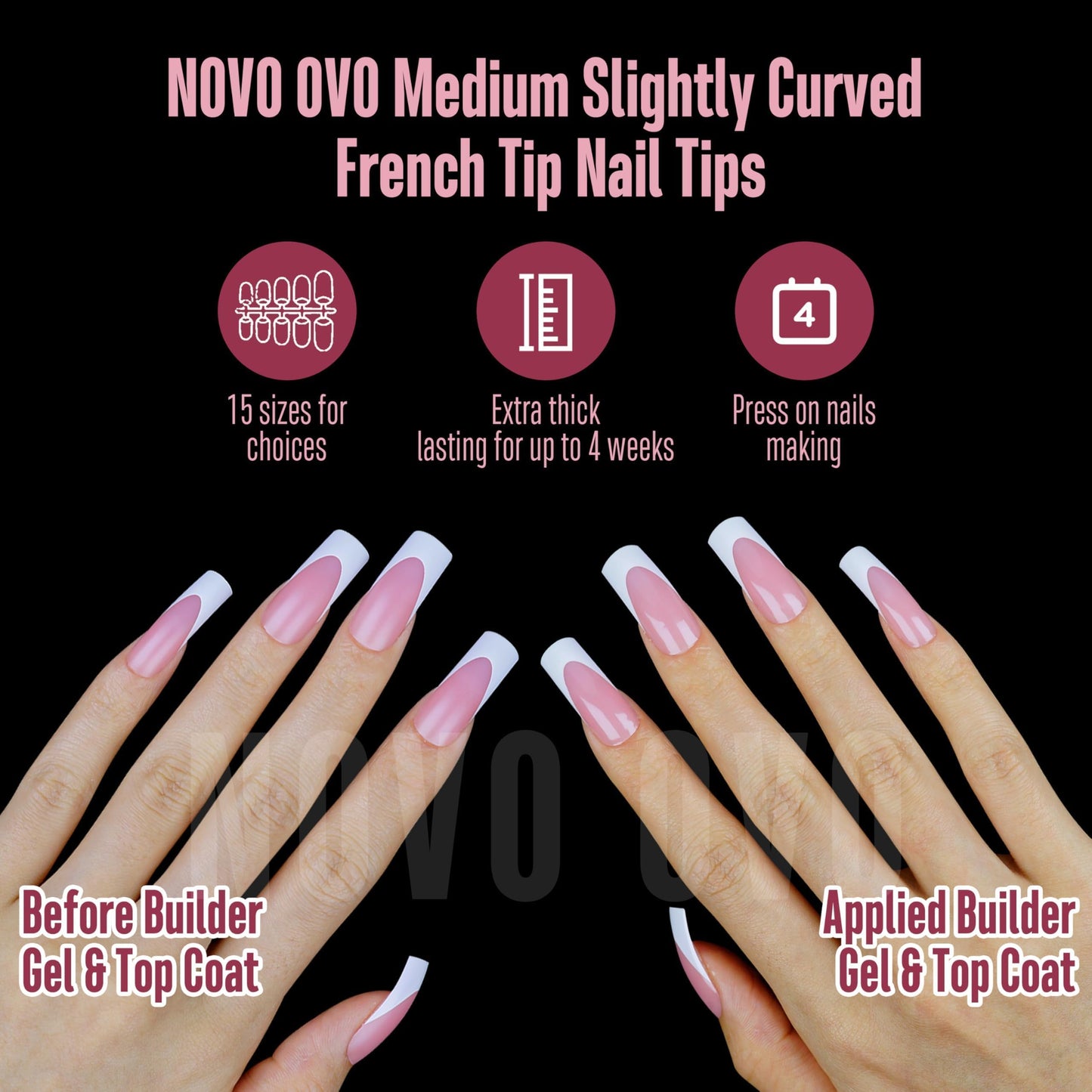 NOVO OVO Halloween Medium Slightly Curved White French Tip Nail Tips BERRY PINK Full Cover for Press on Acrylic, Extra Thick Soft Gel False Nails, Need Builder Gel Top Coat for DIY x 15 Sizes 240 pcs