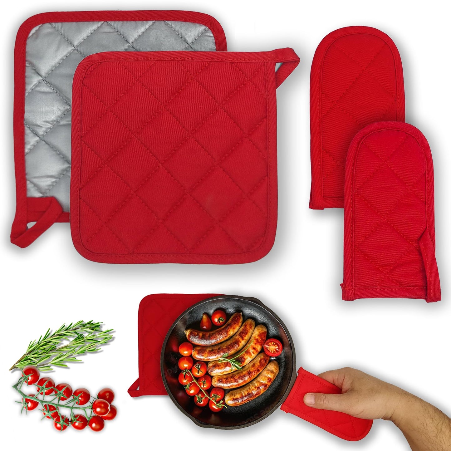 HERUKI Double Skewers Plus 2 Heat-Resistant Cast-Iron Handle Sleeves and 2 Potholders Bundle Premium Grill Kitchen Accessories for Kabob, Shawarma, Meat Fish Chicken BBQ Gift Set