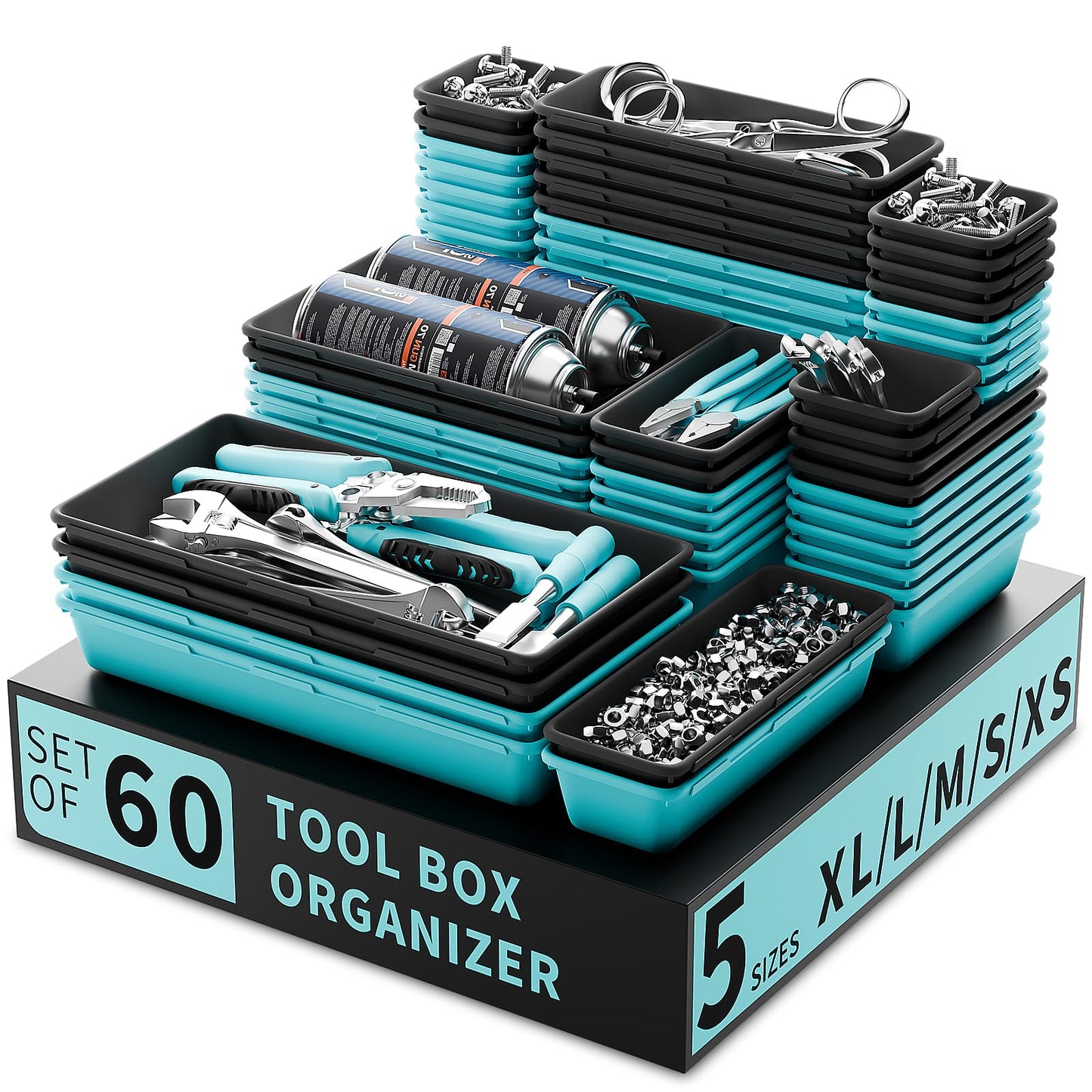 FLYVOLE Tool Box Organizer Tray, Toolbox Desk Drawer Organizer, Tool Box Tray, Toolbox Organization Storage for Rolling Tool Chest (60PCS (Blue+Black))
