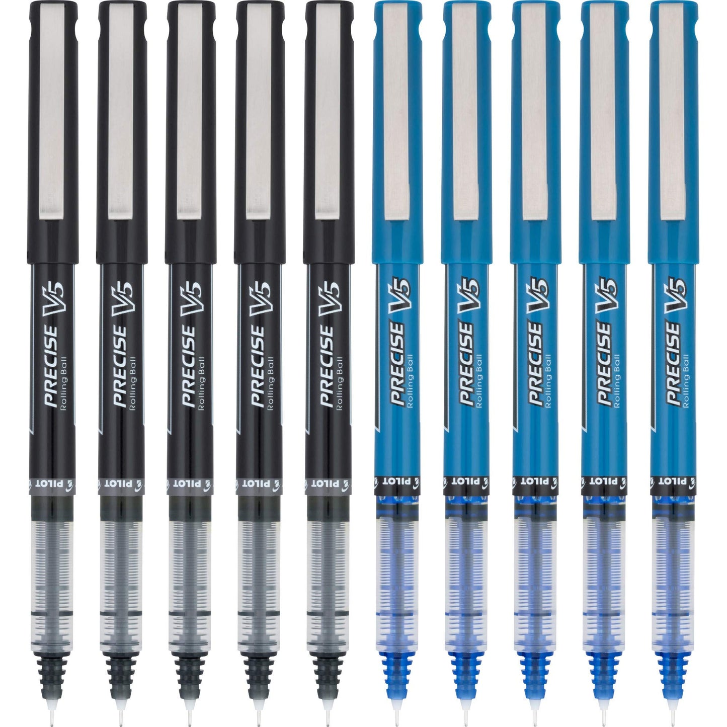 PILOT Precise V5 Rolling Ball Pen Extra Fine Point 0.5mm, 5 Black and 5 Blue Liquid Ink Rollerball Pens. pack of 10