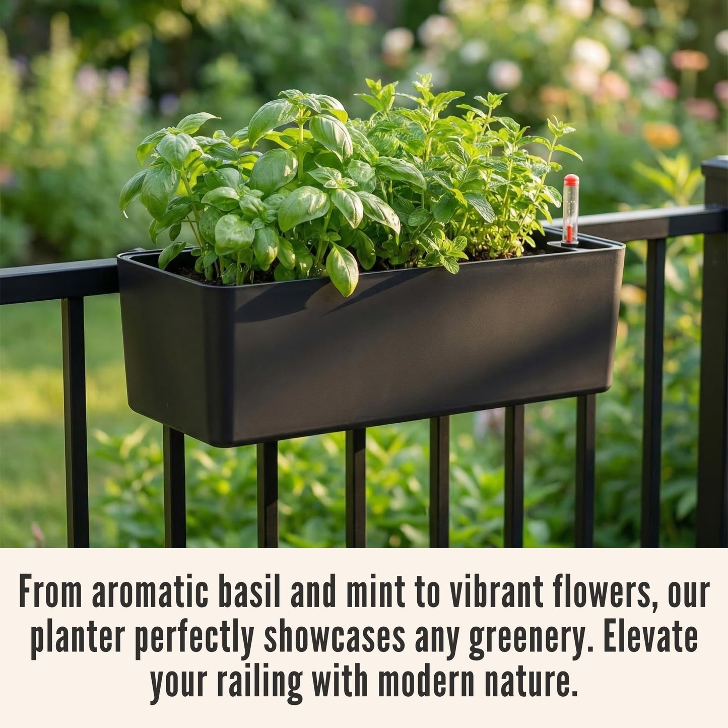 LaLaGreen Railing Planter Boxes (16 Inch, 2 Pack) Black Rectangular Plastic Window Box Planters with Self-Watering System Metal Brackets, Outdoor Plants Herbs Flowers Deck Balcony Fence Garden Decor