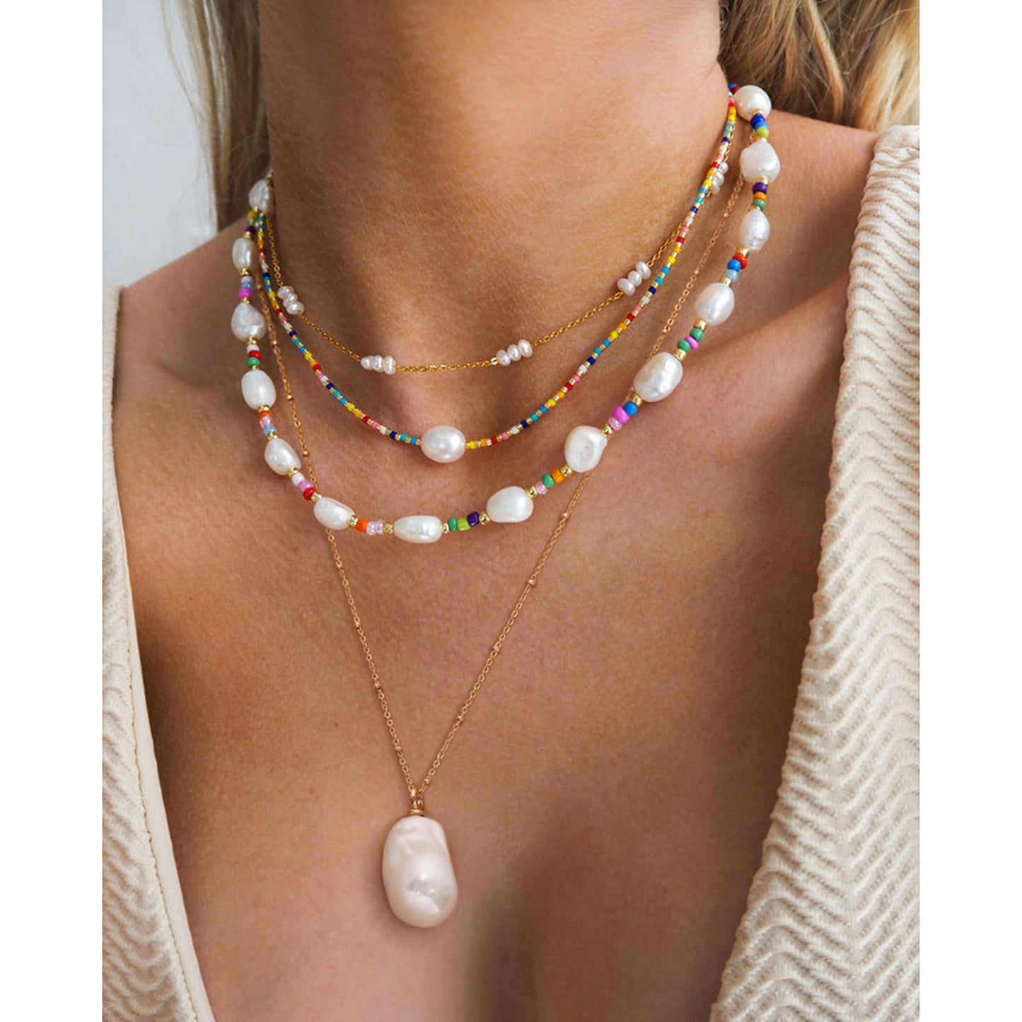 CANEVINKA 18k Gold Plated Satellite Chain Irregular Big Pearl Pendant Necklace for Women