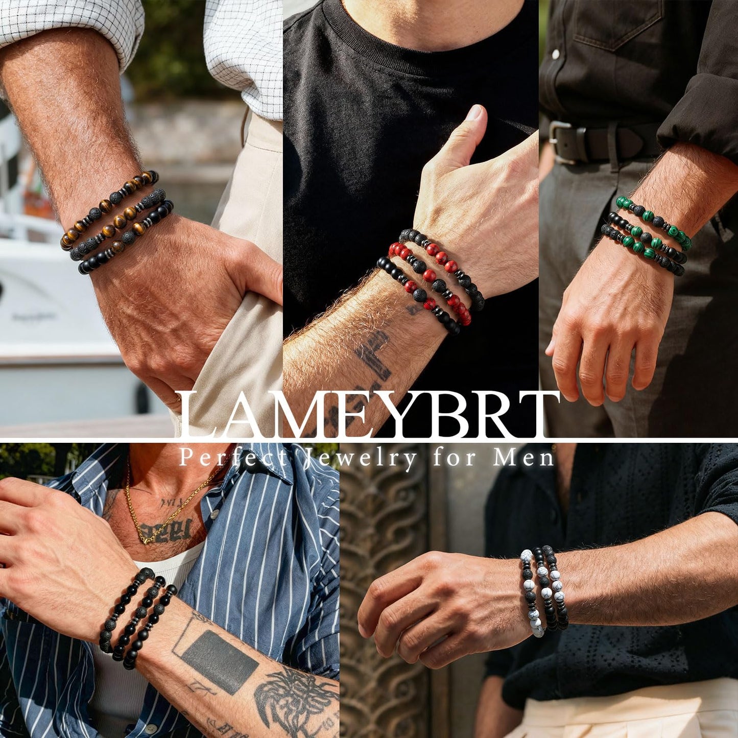 Lameybrt 8mm Men’s Bracelet Set Multi - Tiger Eye/Matte Agate/Lava Rock Gifts for Birthday/Anniversary/Christmas (G08 Malachite, One Size)