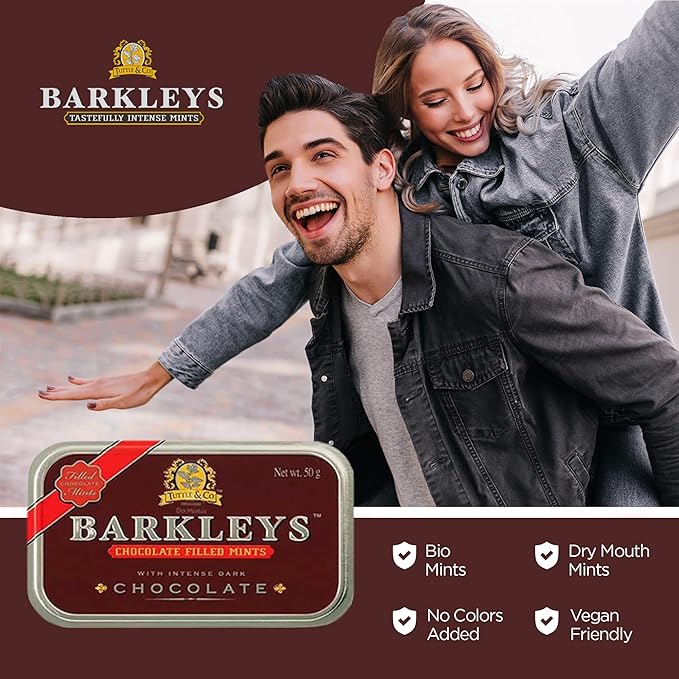 Barkleys Chocolate Breath Mints -Strong Peppermint Flavor- Chocolate Candy, Breath Freshener, After Dinner Mints In Reusable Classic Travel Tins - Vegan, 6 Pack - 50 Count Each