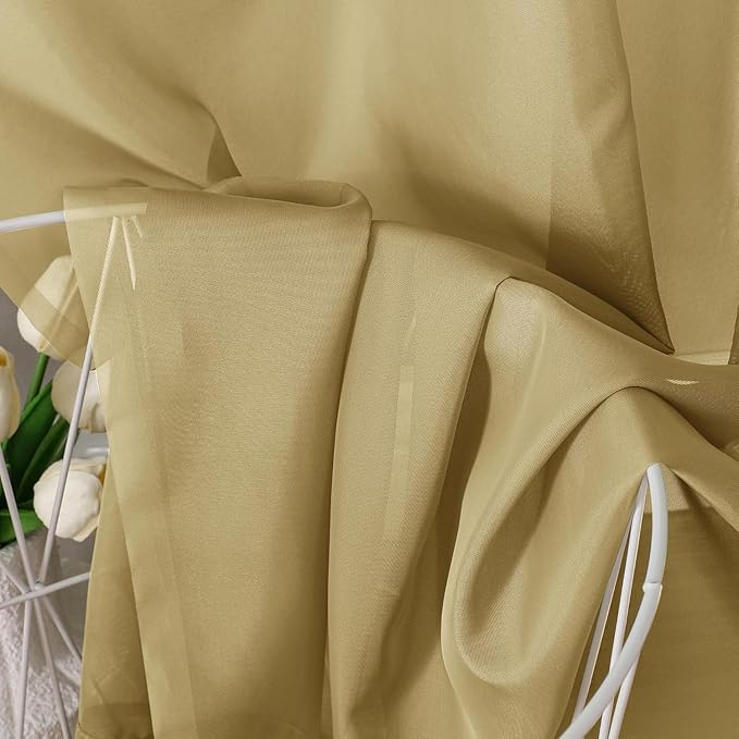 Chyhomenyc Sheer Gold Kitchen Tier Curtains 24 Inch Length Set, Small Window Curtains Treatment for Bathroom/Living Room/Cafe/Basement, Short Voile Curtain Tiers 42in x 24in, Rod Pocket, 2 PCS