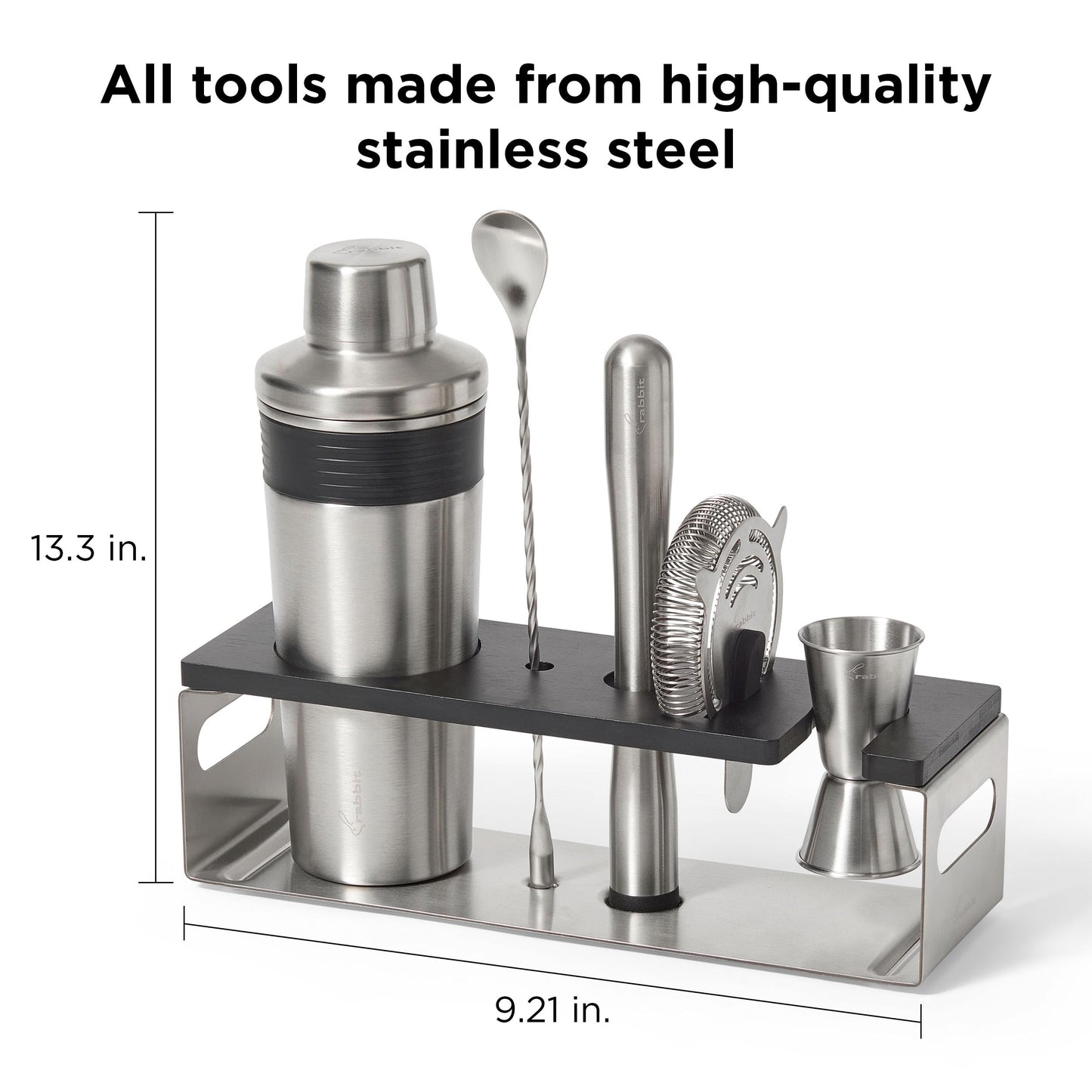 Rabbit 6-Piece Bar Tool Set - Stainless Steel Cocktail Shaker with Integrated Strainer, Muddler, Stir Spoon, Double Jigger, Hawthorne Strainer and Stand