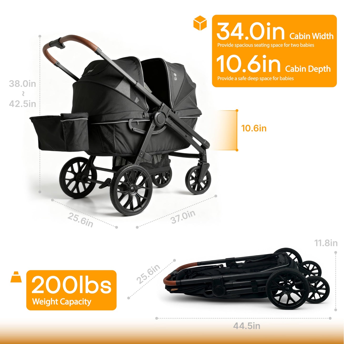 Wagon Stroller for 2 Kids, All-Terrain with Removable UV-Protection Canopy , Adjustable Push/Pull Handle, Snack Tray & Cup Holders, Perfect for Baby and Toddler（Black)