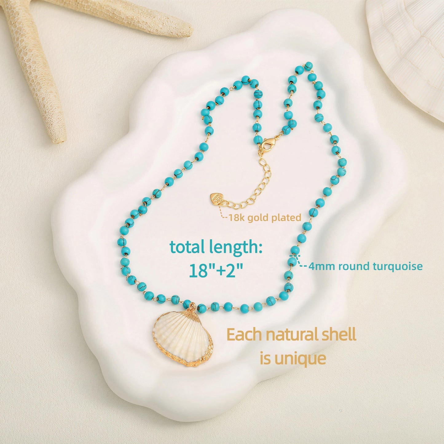CANEVINKA 18K Gold Plated Turquoise Beaded Scallop Shell Pendant Necklace Boho Beach Coastal Jewelry for Women Adjustable Dainty Necklace