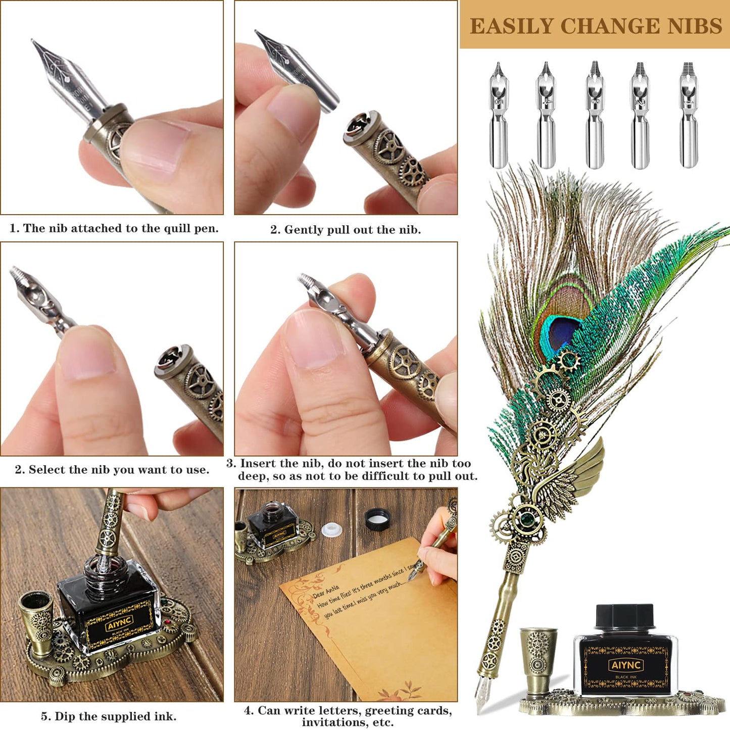 AIYNC Quill Pen and Ink Set, With Notebook Wax Seal Stamp Kit, Calligraphy Set for Writing Lovers, Valentine's Day and Birthday Gifts, Ideal for Holidays(Peacock Feather)
