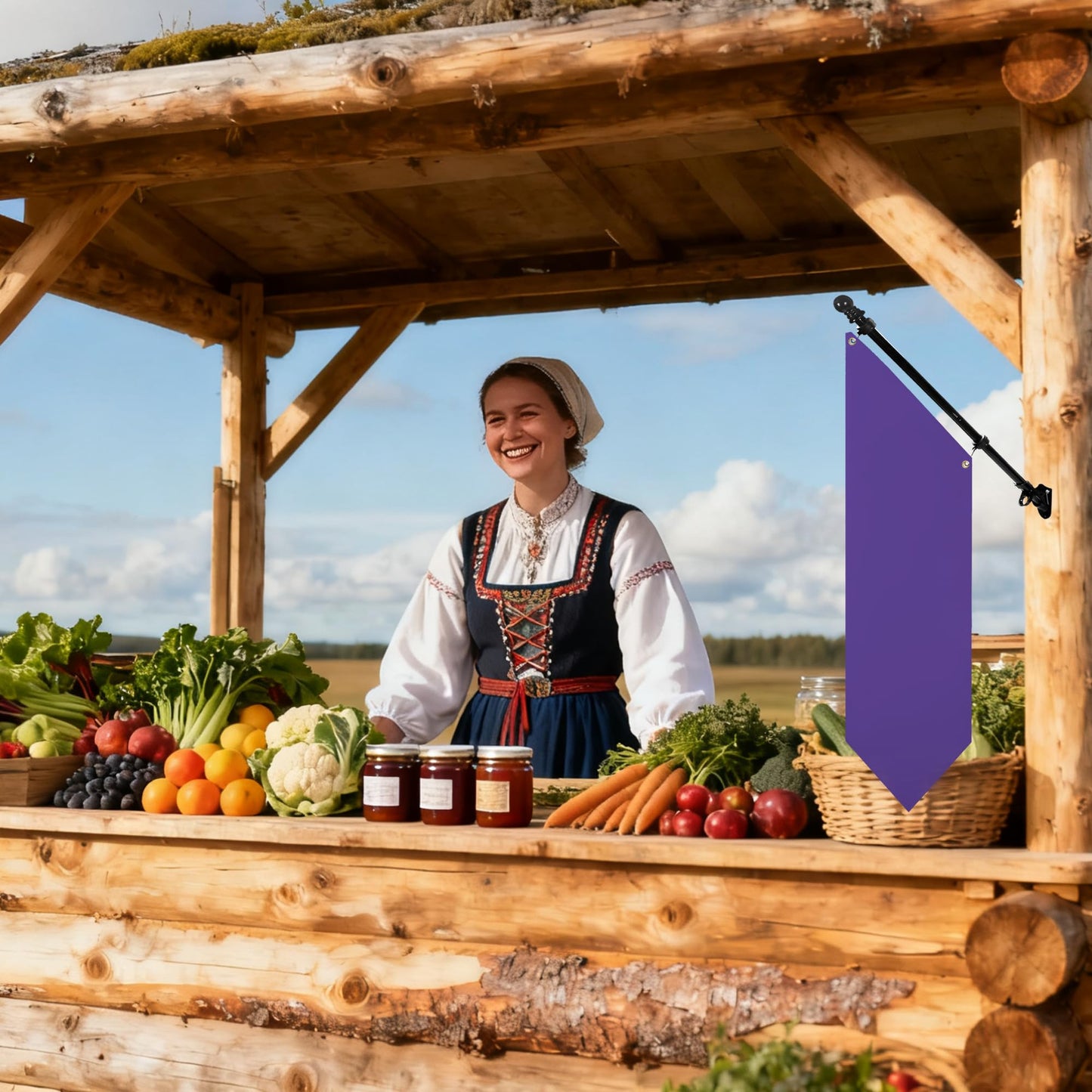 Farm Stand Blank Flag with Pole Kit, 12x42 Inch Double-Layer Heavy-Duty 300D Polyester Banner, DIY Custom Sublimation Vinyl Flag for Garden, Yard, Events, or Outdoor Commercial Display (Purple)