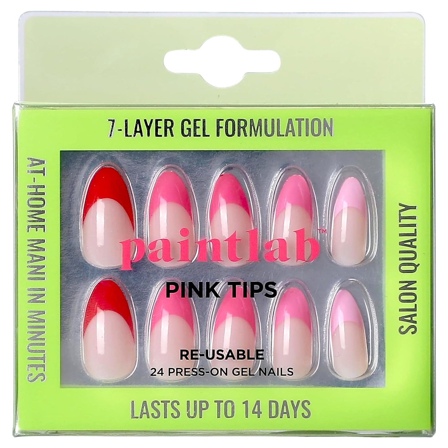 PaintLab Press On Nails - Pink French Tips Almond Fake Nails, 24 Nails in 12 Sizes with Glue, Reusable Salon Quality Press On Nails