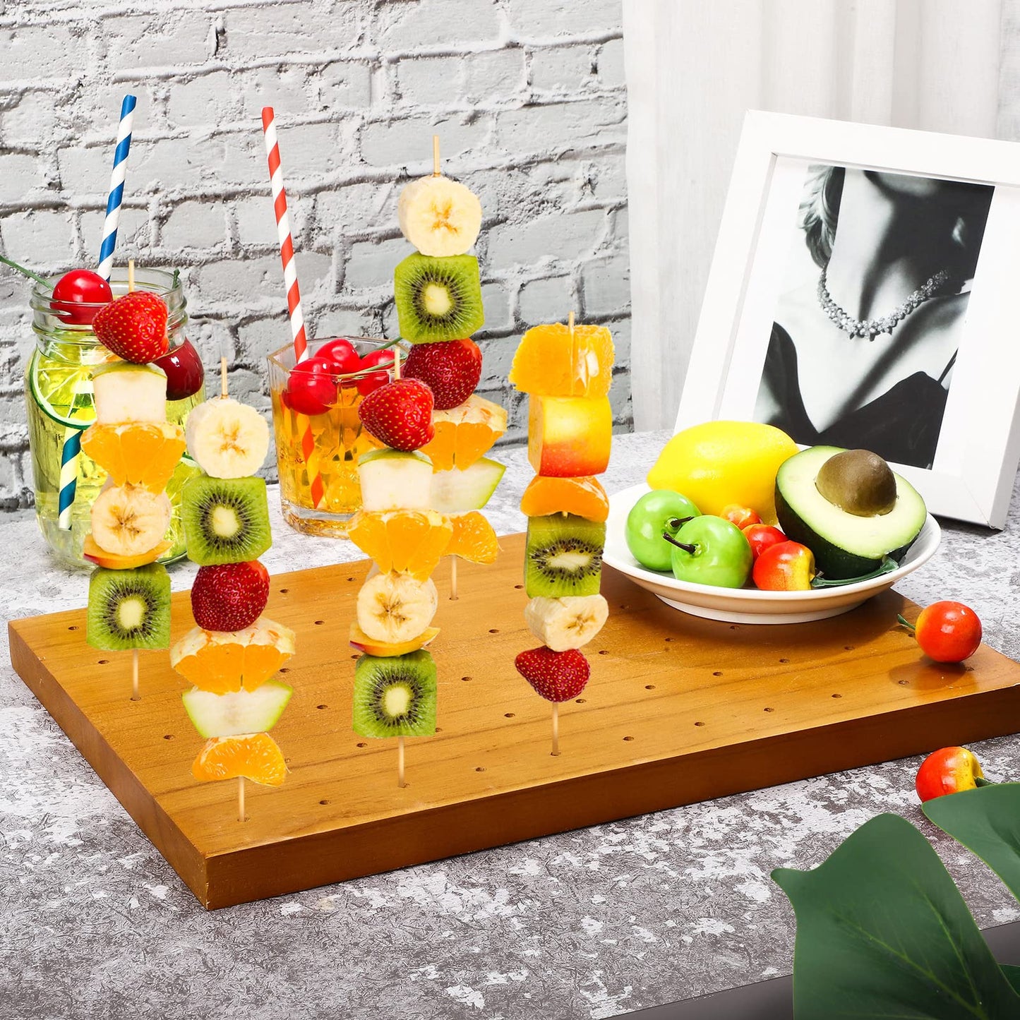 Wooden Food Skewer Holder Pick Stand and Display Holder Catering Appetizer Fruit Skewer Stand Food Display Rectangular Board with Holes for Catering(13.78 x 9.84 Inch,Rectangle Style)