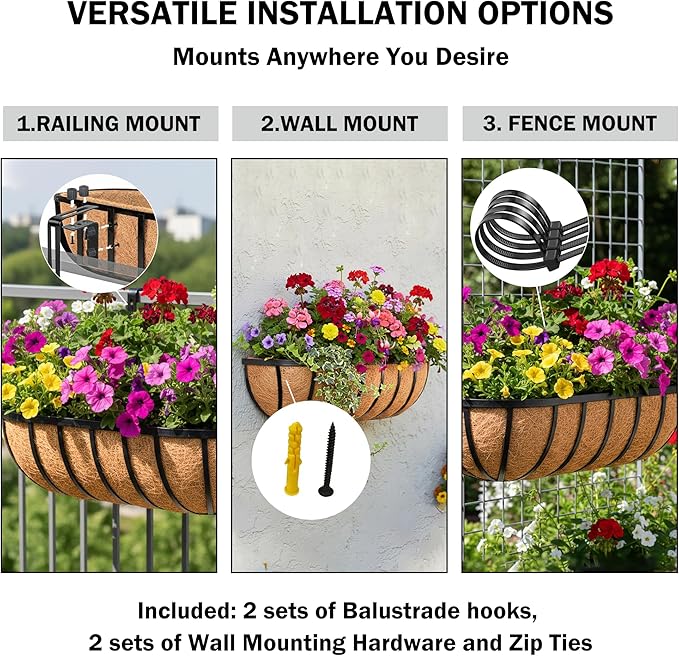 36“ Window Box Railing Planter with Coco Liner Metal Wall-Mounted Coconut Liner Planter Basket English Horse Trough Planters for Outdoor Deck Balcony Porch Fence Patio Black (2 Pack)