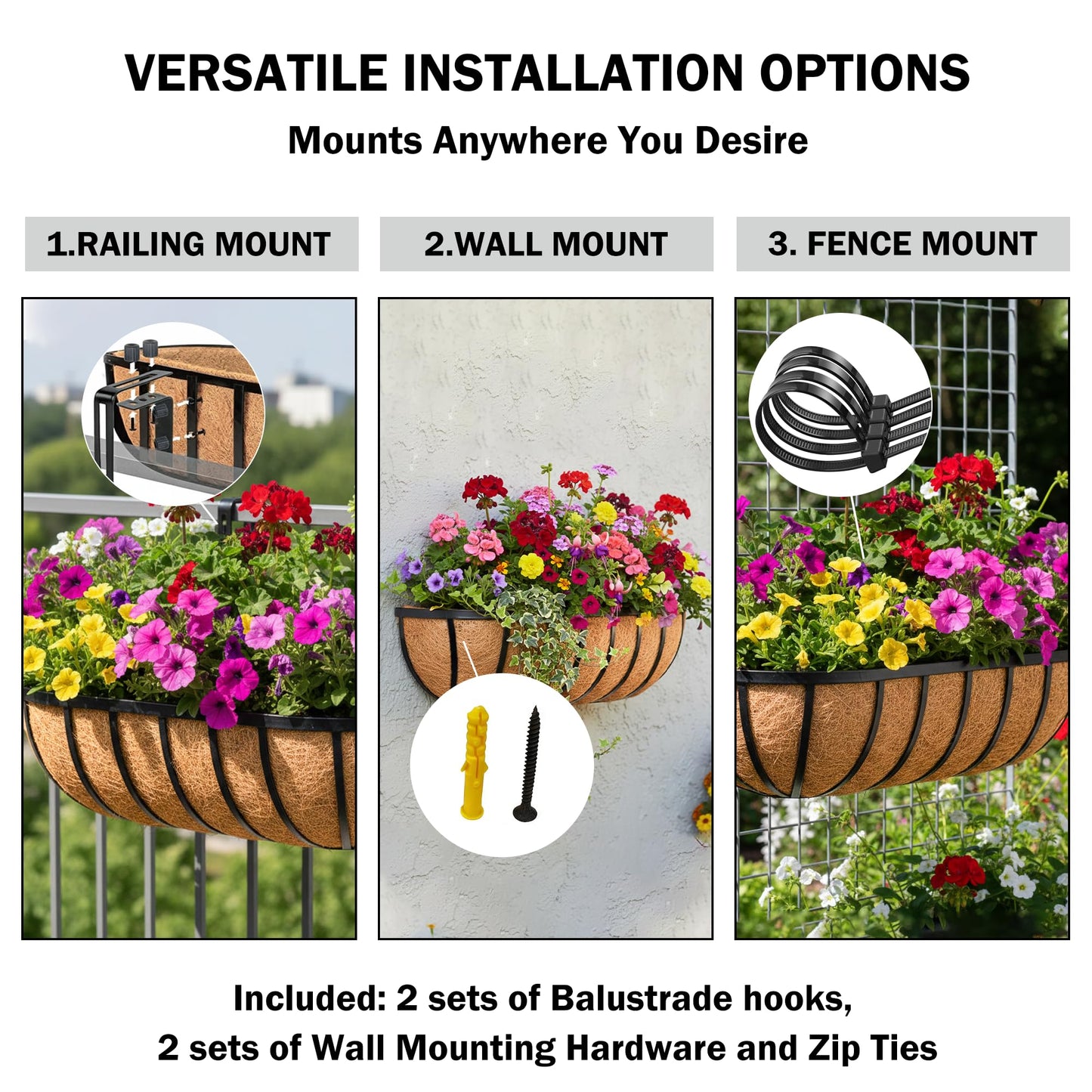 KIDYBELL 24“ Window Box Railing Planter with Coco Liner Metal Wall-Mounted Coconut Liner Planter Basket English Horse Trough Planters for Outdoor Deck Balcony Porch Fence Patio Black (2 Pack)