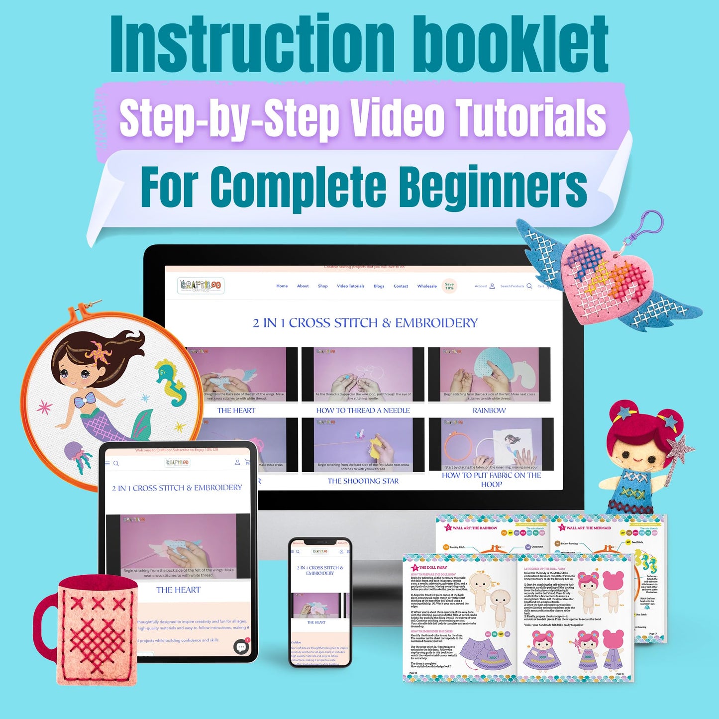 CRAFTILOO 2 in1 Cross Stitch & Embroidery Kit for Kids Ages 6+ Make 8 Projects Backpack Charms, Keyring, Doll, Wall Art, Unicorn Pillow & Card Holder Beginner Needlepoint & Creative Gift Set