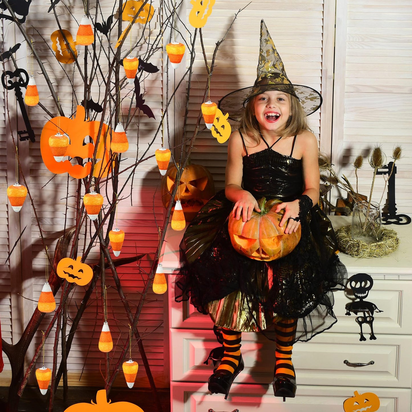 12 Pcs Halloween 3D Glitter Candy Corn Ornaments Large Halloween Candy Corn Hanging Pendant with Ropes Mini Tree Decorations for Halloween Christmas Holiday Garland Candy Party(Candy Style)