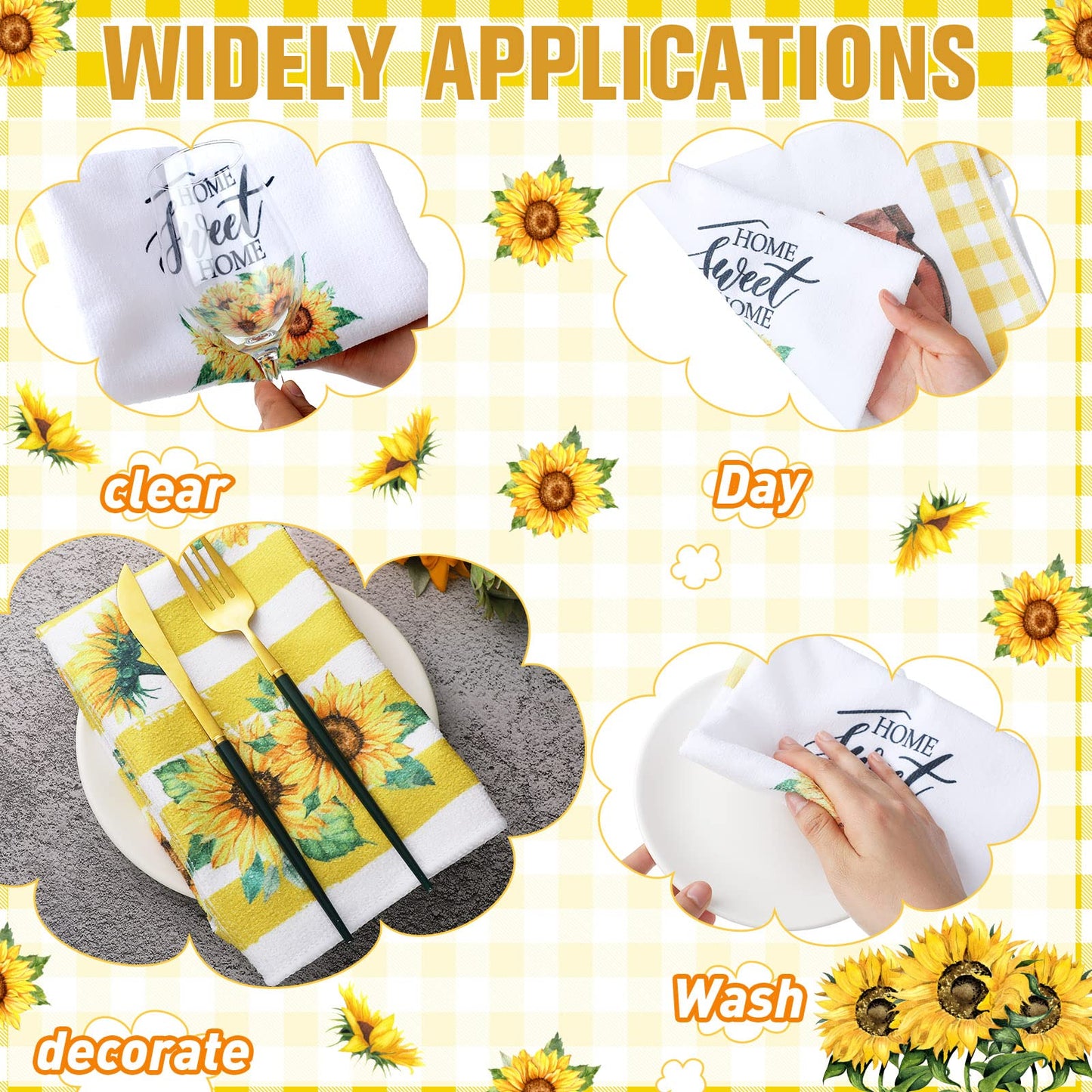 Oudain 6 Pcs Sunflower Kitchen Dish Towels Sunflower Absorbent Tea Towels Reusable Fast Drying Cleaning Dishcloths for Summer Housewarming Gift