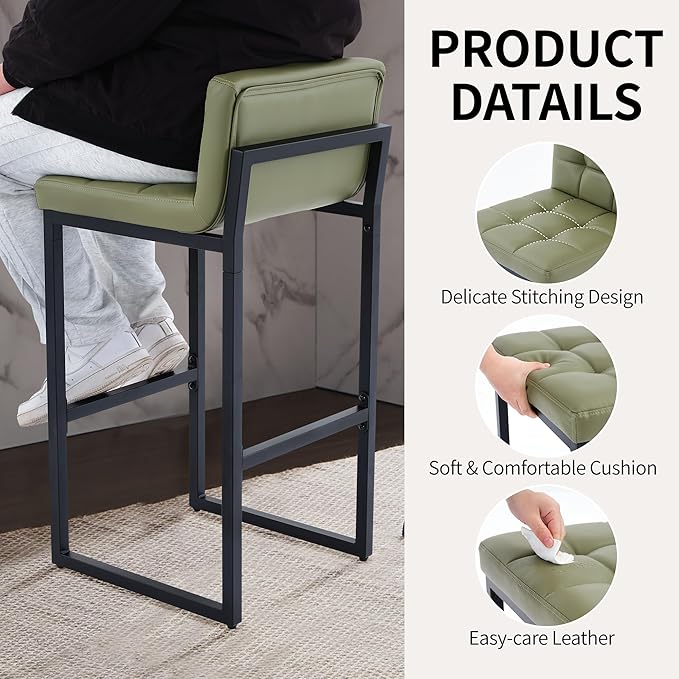 Bar Stools Set of 3, Modern Tall Counter Height Barstools with Back and Thickened Metal Legs, 30" Faux Leather Bar Chairs for Kitchen Island, Bar, Counter (Avocado Green, 3Pcs 30" Bar Stools)