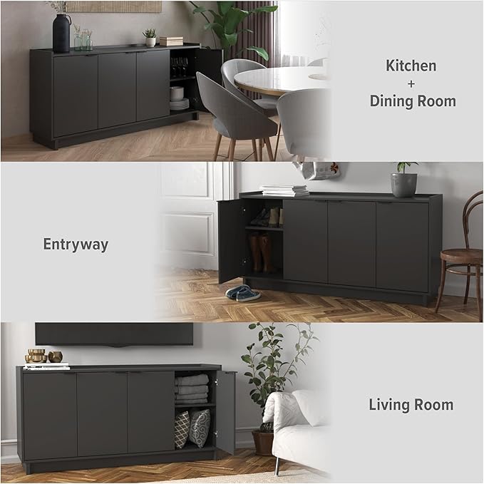 Prepac Simply Modern 4 Door Console Table Storage Cabinet, Buffet Cabinet for Storage and Organization, Modern Side Table with Doors & Shelves, 60”W x 30”H x 16”D, Black