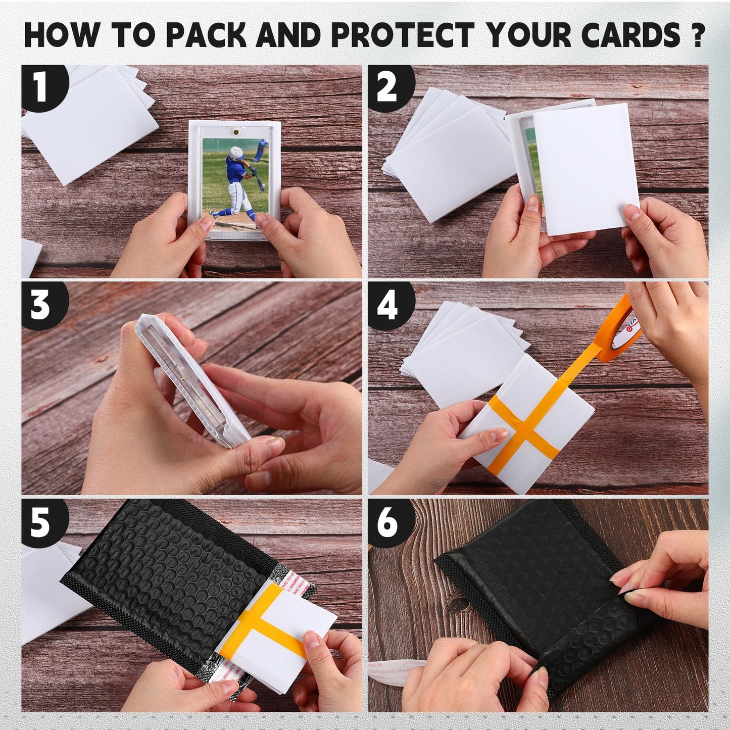 Engrowtic 302 Pcs Trading Card Shipping Protector Set Include 200 Precut Plastic Inserts Card Mailers 100 Poly Bubble Mailers Padded Envelopes and 2 Masking Tape(Black,5.1 x 5.9 Inch)