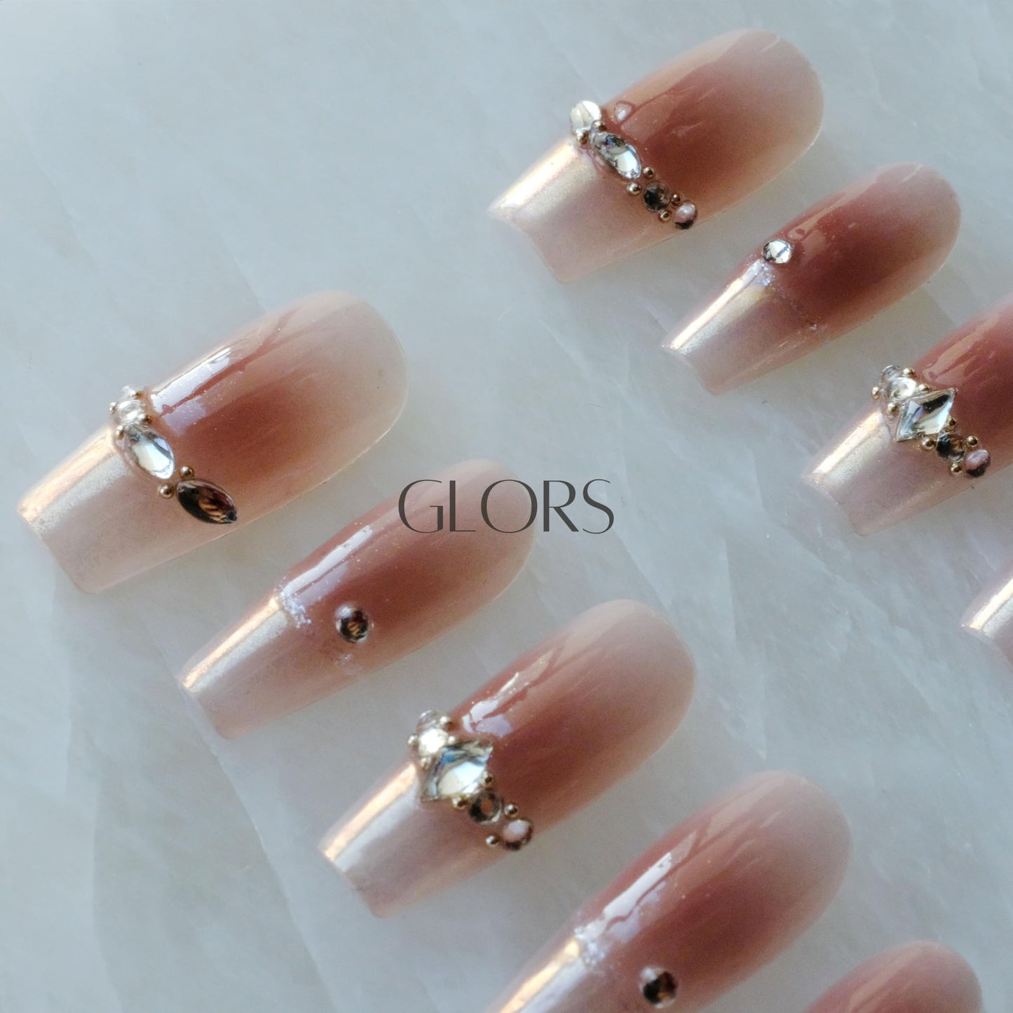 GLORS Long Ballerina Press-on Nails, Pink French Style with Rhinestones, Coffin Shape, Handmade False Nail 10 Pieces (Small,LB)