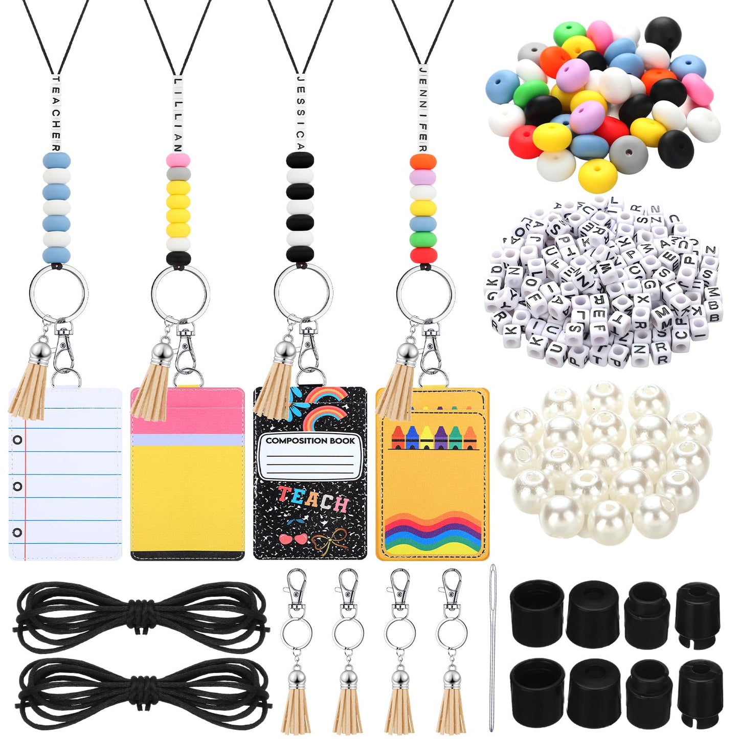 Gueevin 4 Sets/279 Pcs DIY Name Teacher ID Badge Holder with Lanyard Keychain Making Kit DIY Teachers Appreciation Gifts Cute Silicone Bead Lanyards Making for Teacher Office Graduation Supply Gifts