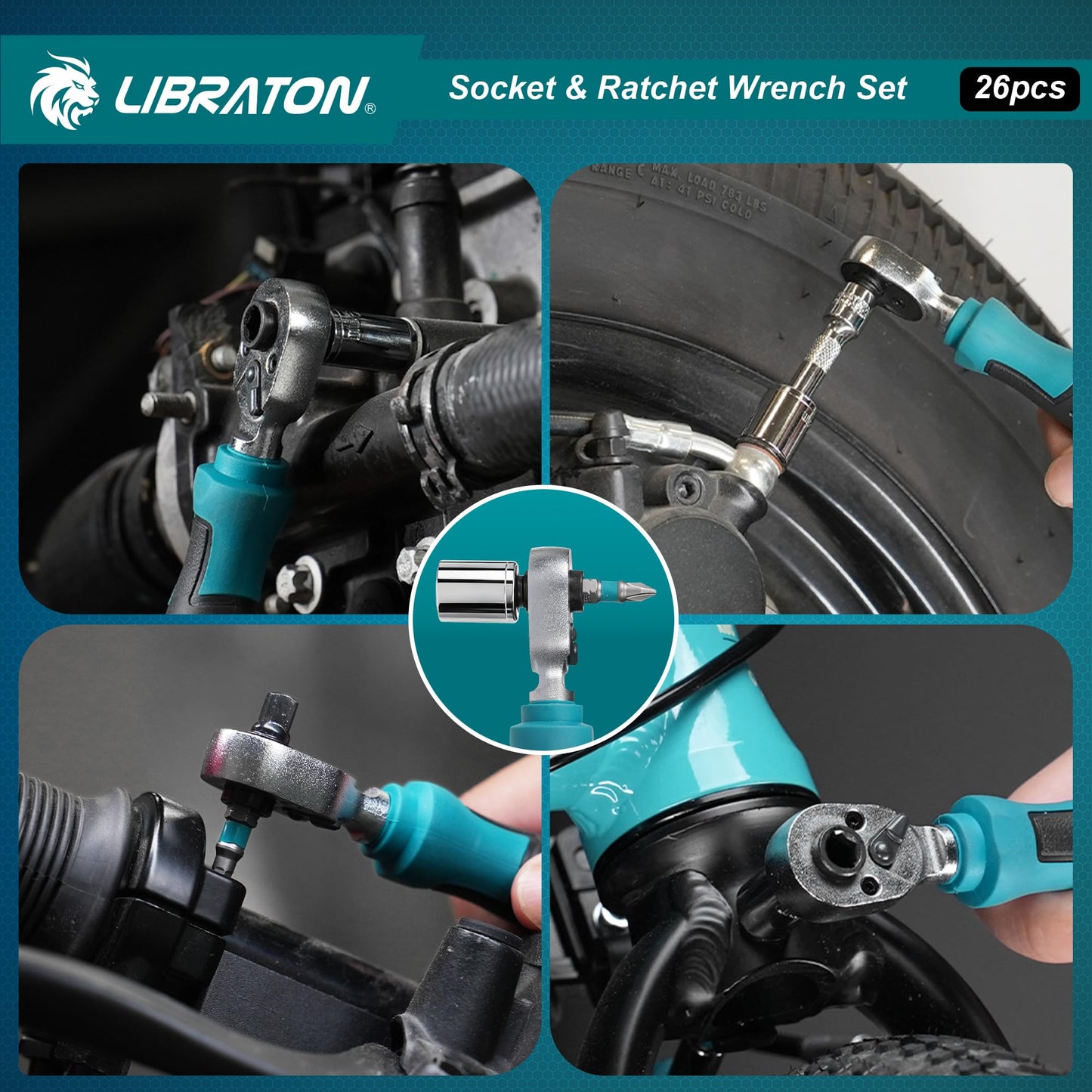 LIBRATON 26PCS 1/4" Drive Mini Socket & Ratchet Wrench Set with Bits, 4-14mm Metric Shallow Sockets, Mini Ratchet Set, Screwdriver Bit Set, Extension Bar, with Storage Case for DIY, Auto Repair