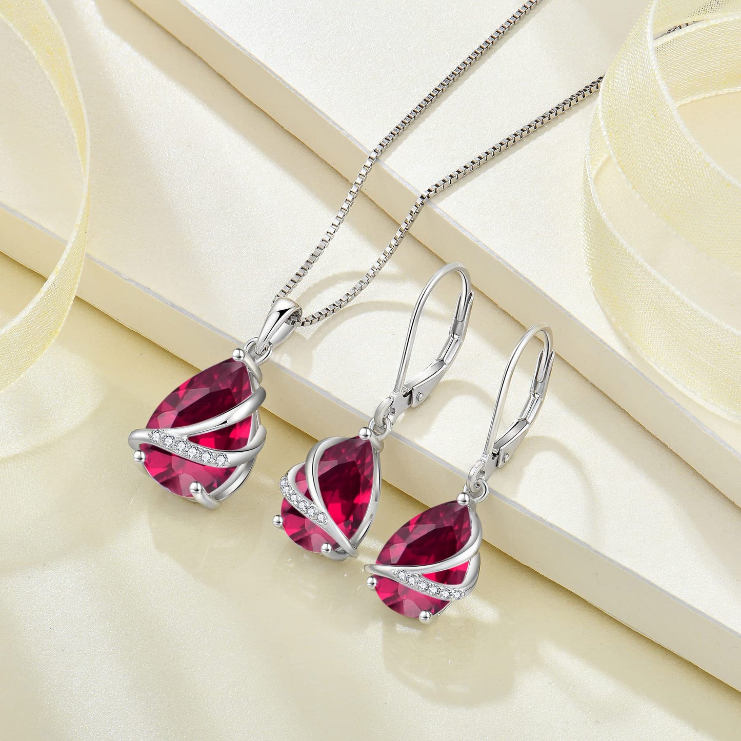 Rocayi Teardrop Ruby Earrings 925 Sterling Silver Dangle Drop Earrings July Birthstone Jewelry for Women