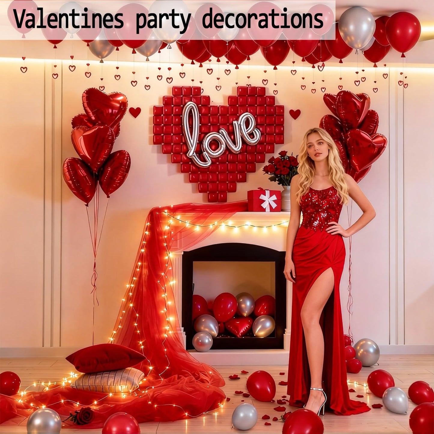 648PCS Valentines Party Decorations Kit with Rose Petals, Red and Silver Heart Balloons, Valentines Day Decor for Home, Wedding Decorations, Anniversary, Galentines Day Party