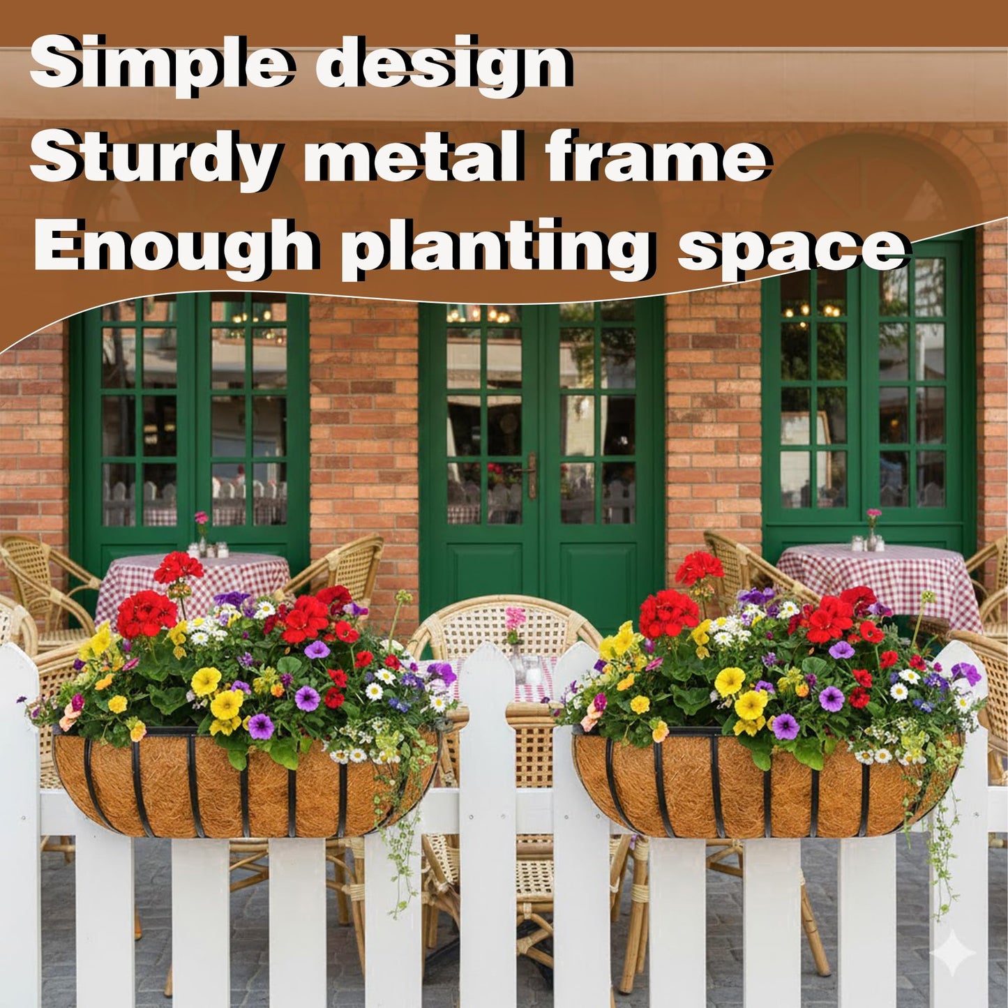 JFFLYIT 4 Pcs 36“ Railing Planter Window Box Deck Railing Planter Boxes with Coco Liner English Horse Trough Planters Metal Wall-Mounted Planters Basket for Outdoor Balcony Porch Fence Patio Rail