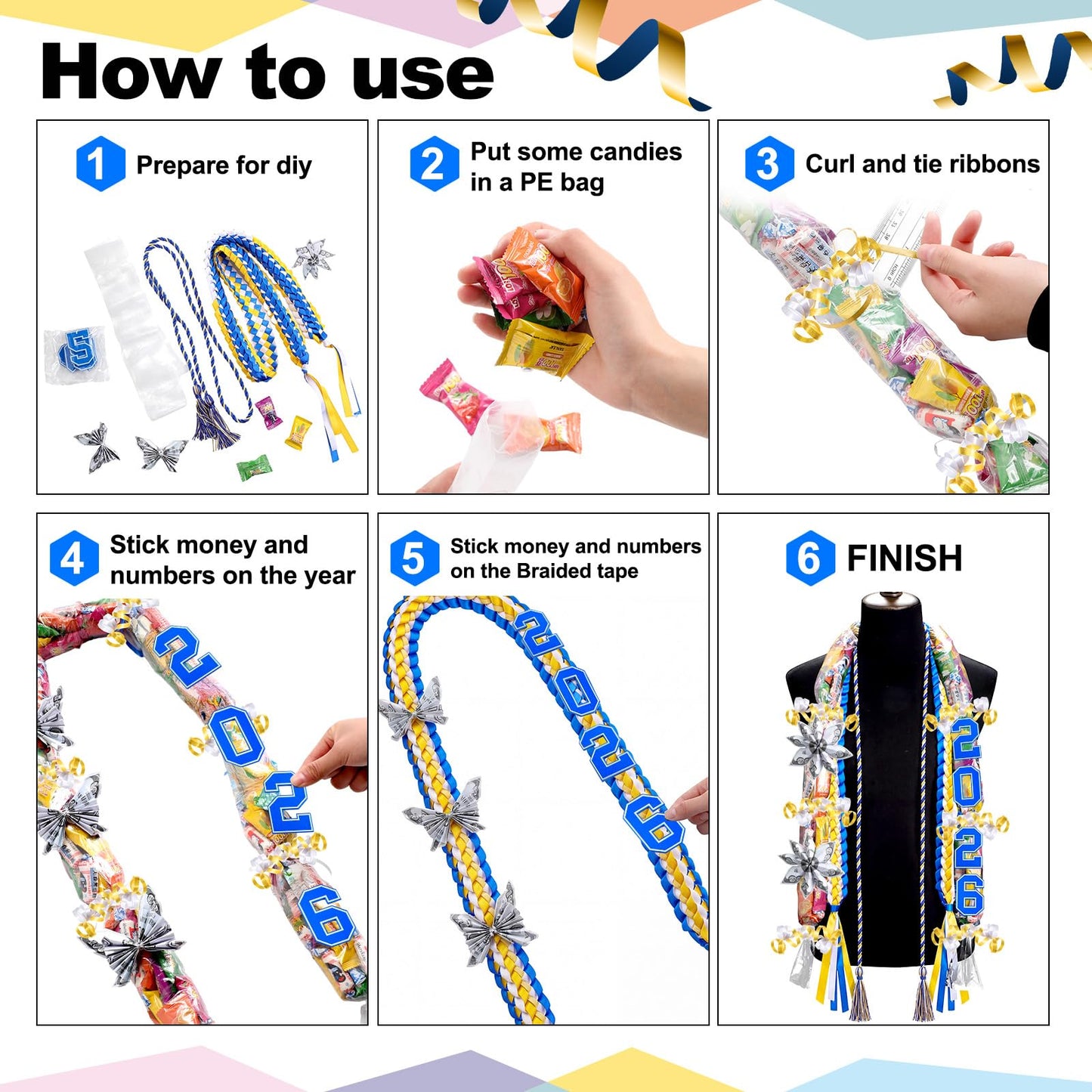 Spakon 13 Pcs Graduation Leis 2026 Graduation Candy Lei Kit Class of 2026 Ribbon Double Lei Necklace Party Accessories(Blue,White,Gold)