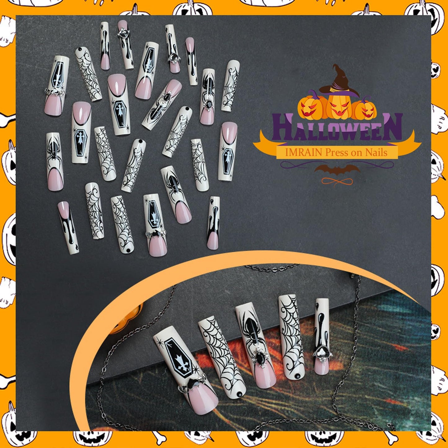 IMSOHOT Halloween Press on Nails Extra Long Square Fake Nails Glossy Acrylic French Tip False Nails with Black Spider Web Designs Goth Gel Glue on Acrylic Nails