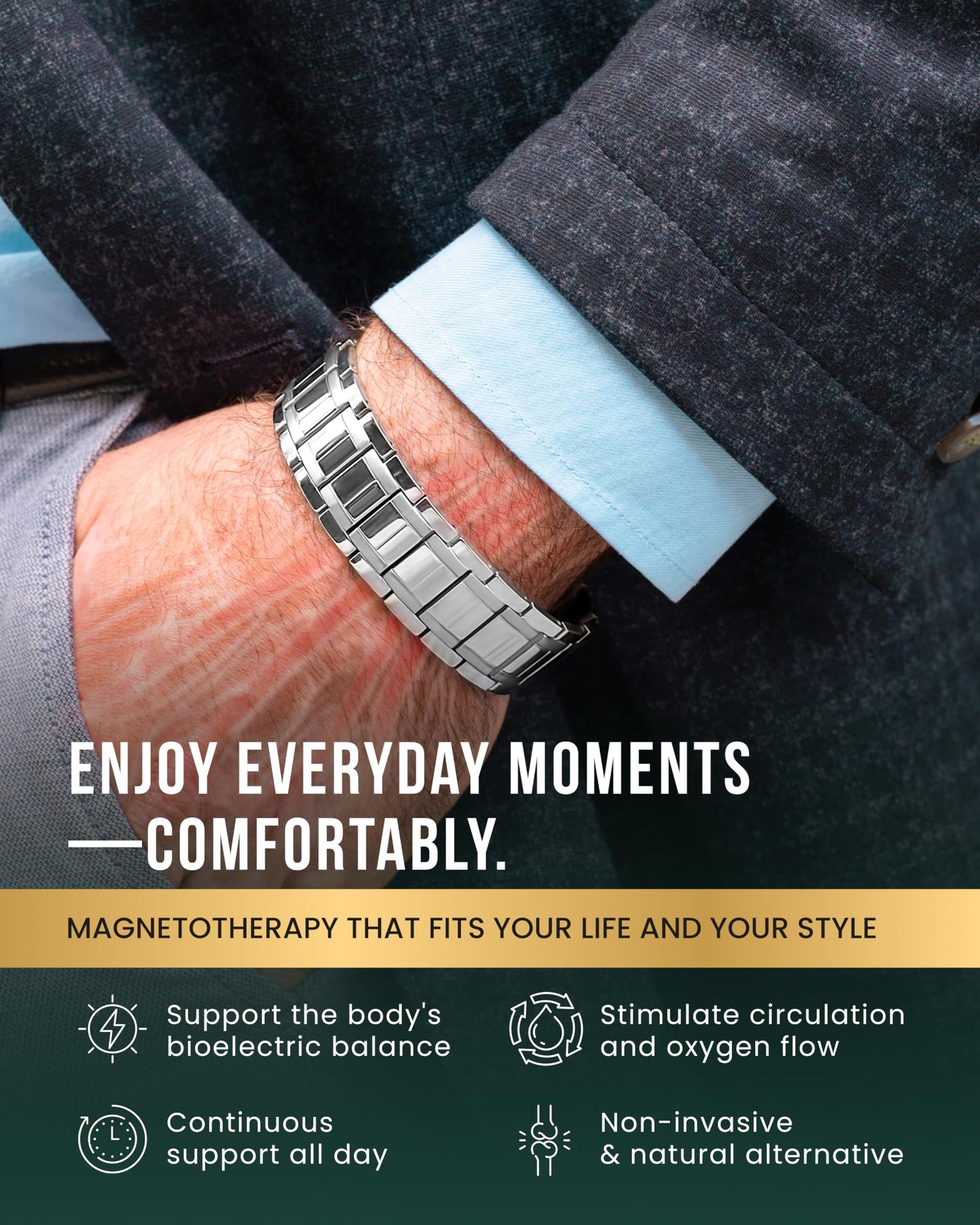 MagnetRX® 3X Strength Mens Magnetic Bracelet – Titanium Magnetic Bracelets for Men – Premium Fold–over Clasp & Adjustable Length with Sizing Tool & Gift Box (Silver)