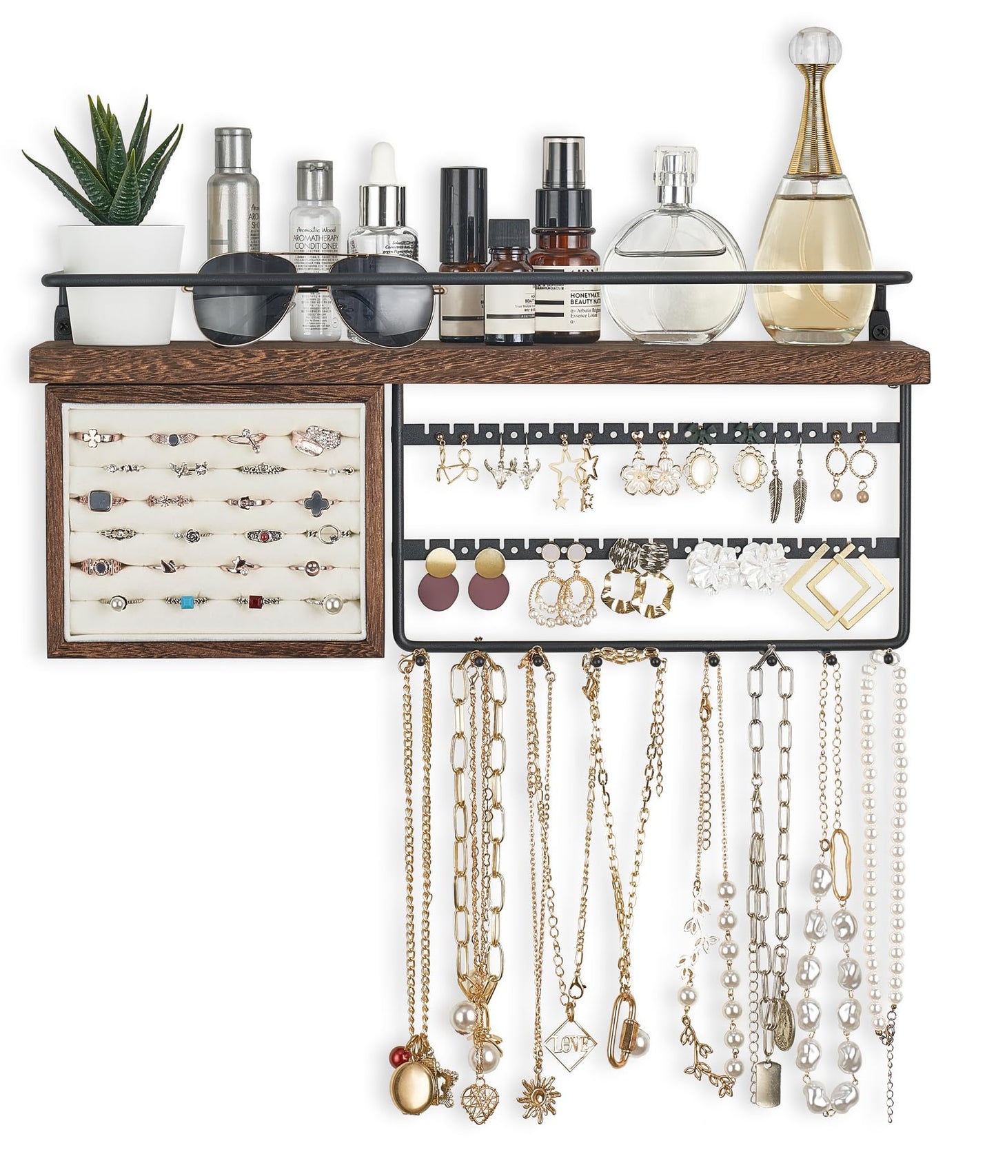Mkono Hanging Jewelry Organizer Wall Mounted Jewelry Organizer Necklace Holder with Rustic Wood Shelf, Ring Display Box, Ear Studs Earring Holder Bracelet Organizer (Brown)