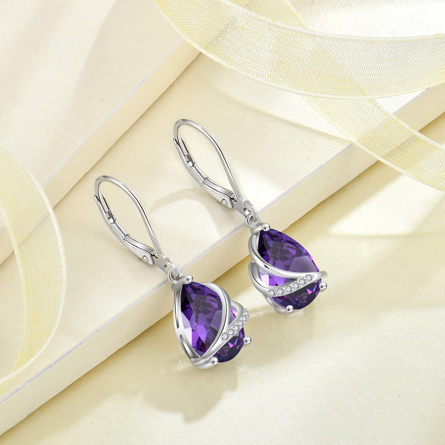 Rocayi Teardrop Amethyst Earrings 925 Sterling Silver Dangle Drop Earrings February Birthstone Jewelry for Women