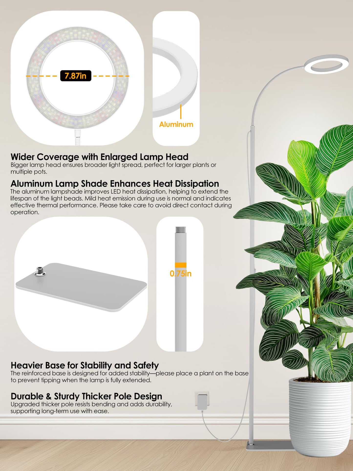 GLOWRIUM Grow Lights for Indoor Plants, Full Spectrum LED Grow Light, Stepless Dimming,3 Lighting Mode and Adjustable Height, Plant Light with 3/9/12/16H Timer (White, 24W)