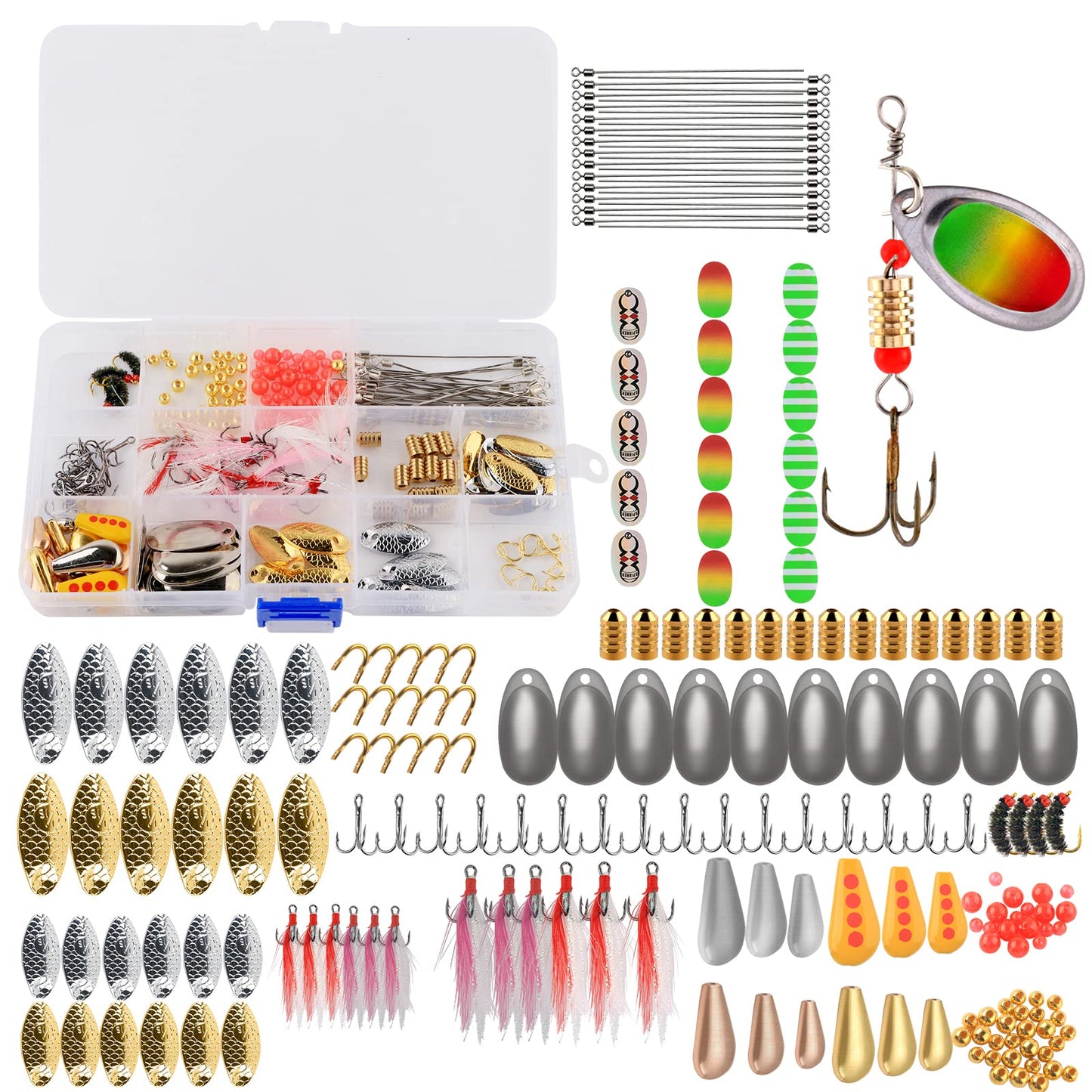 Fishing Lure DIY Kit 228pcs Spinner Making Kit Spinnerbaits Accessory Blade Clevis Wire Shaft Treble Hooks Tackle Set Fishing Spoon Rigs Fishing Gift