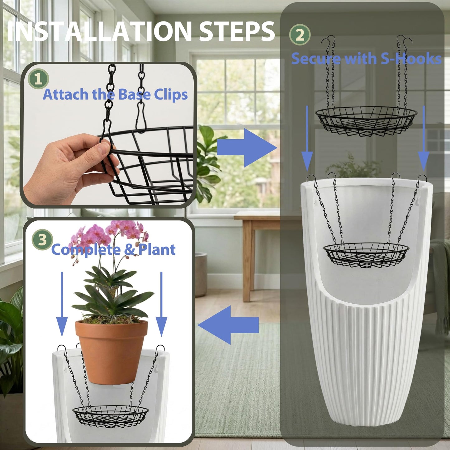 SUBENJI 2 Pack Adjustable Plant Risers for Large Tall Pots, 12-18" Planter Insert, False Bottom Pot Filler with 4 Hooks & Chains, Holds 48 lbs Rustproof Soil Saver for Indoor Outdoor Planters (Black)
