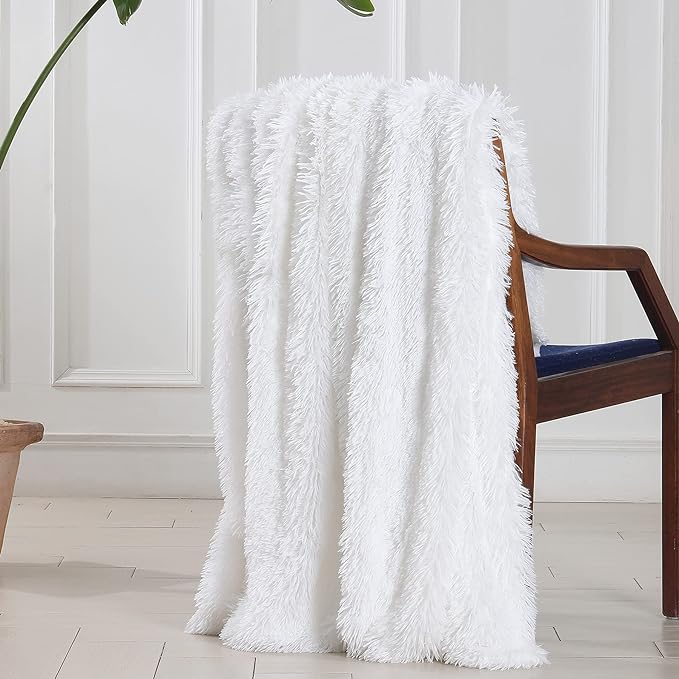Tuddrom Decorative Extra Soft Faux Fur Blanket Queen Size 80"x90",Solid Reversible Fuzzy Fluffy Plush Fur Blanket for Couch Sofa Bed,Pure White
