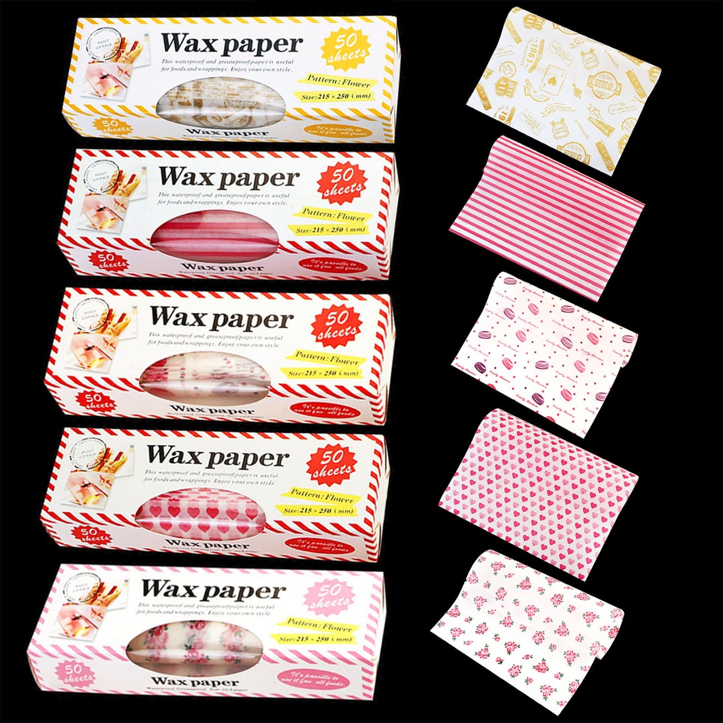 5 Boxes 250 Sheets Wax Paper Sheets Heart & Rose & Line Pattern Greaseproof Basket Liners Sandwich Burger Chips Cookies Food Grade Deli Wrap Paper Baking Parchment 8.5 x 9.8 in